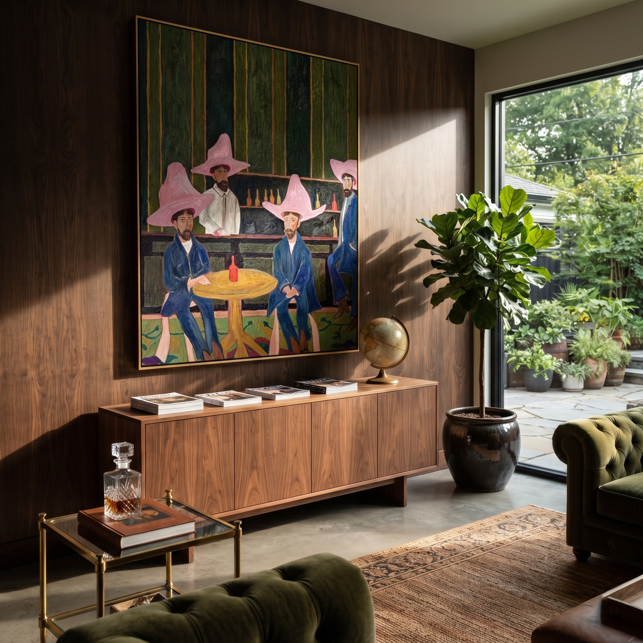 Blue Suits Wait Tables styled with warm modern furnishings