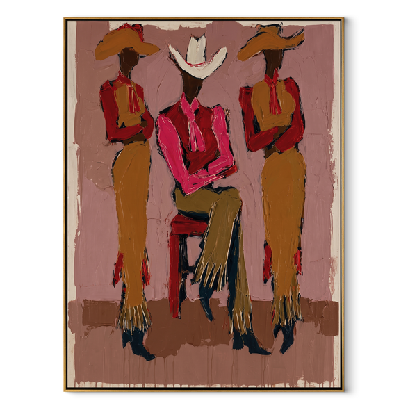 White Brim Holds Center – Three Cowgirls Portrait Painting | Modern Folk Art Vertical Wall Art