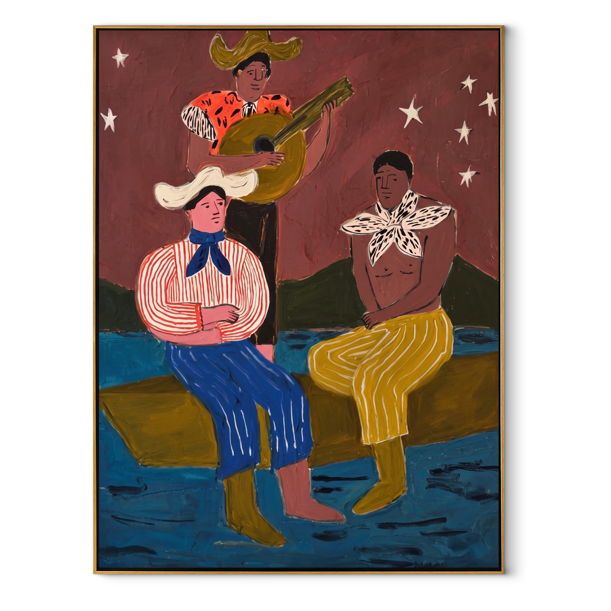 Guitar Sings Under Stars Western figurative painting, vertical canvas artwork