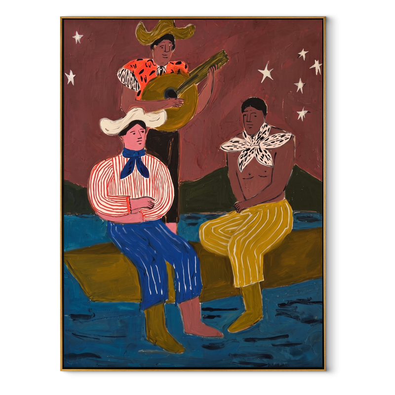 Guitar Sings Under Stars – Cowboy Musicians Folk Painting | Modern Folk Art Vertical Wall Art