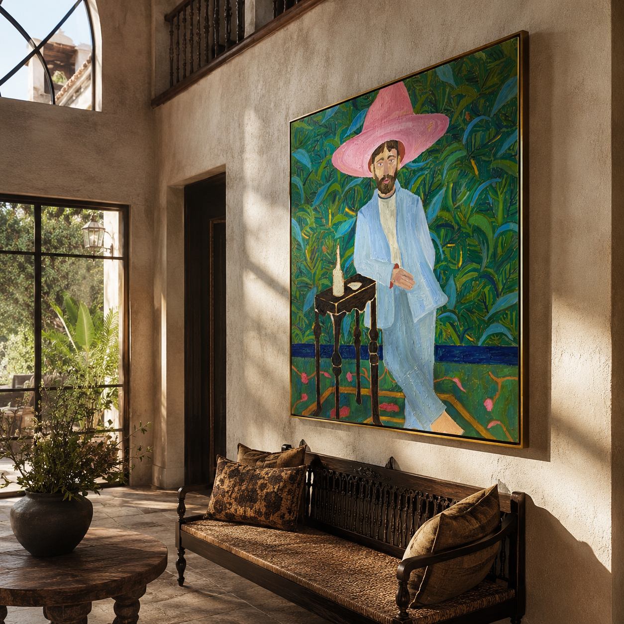 Blue Suit Holds Garden Pause displayed in a collected contemporary interior