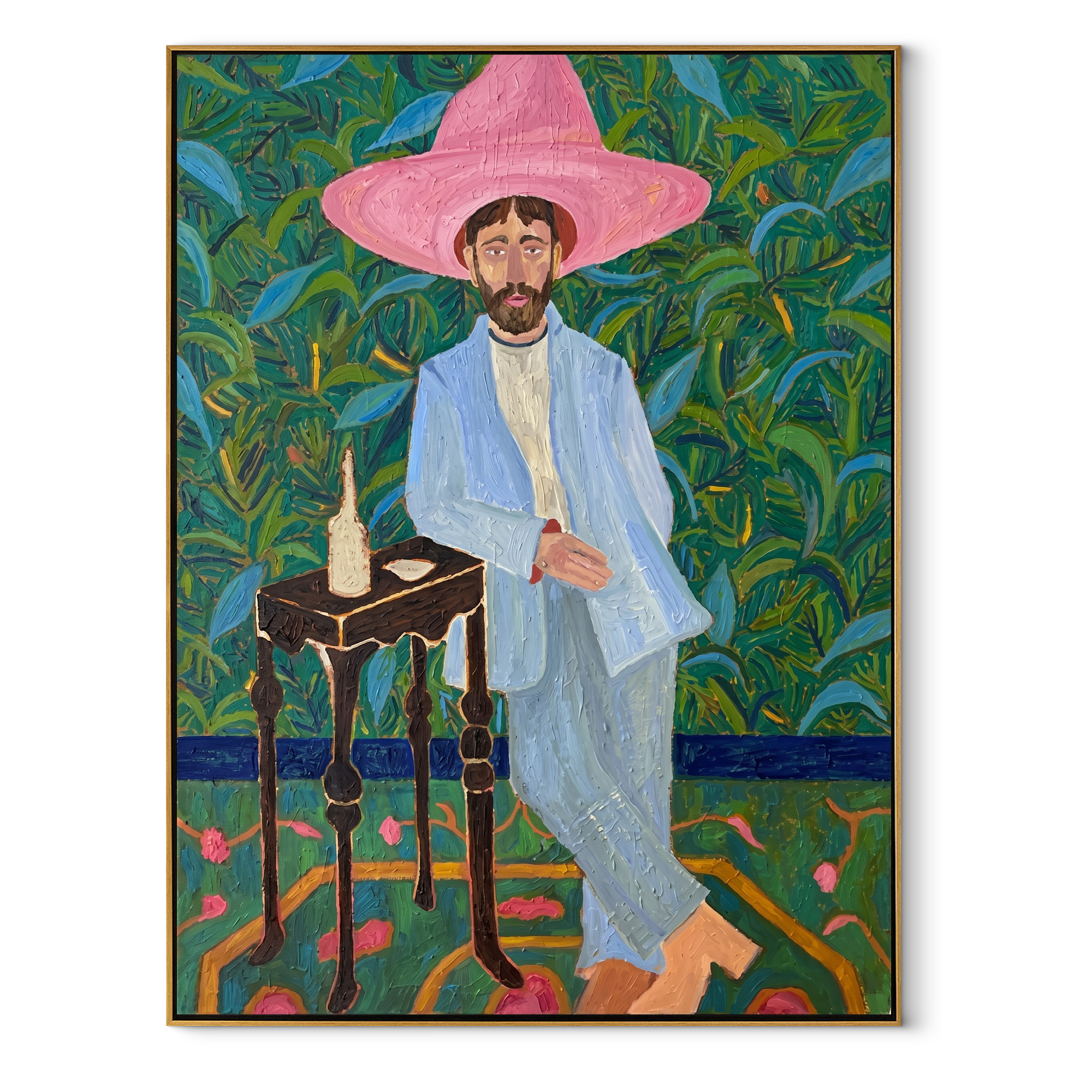 Blue Suit Holds Garden Pause Western figurative painting, vertical canvas artwork