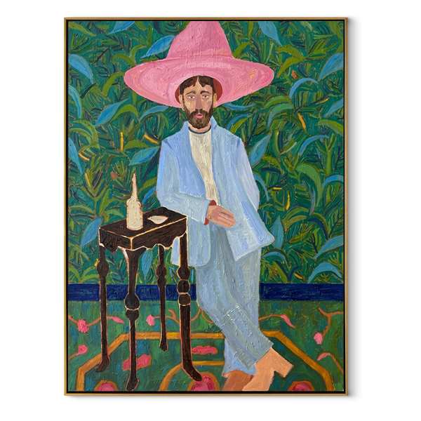 Blue Suit Holds Garden Pause – Pink Hat Cowboy Portrait Painting | Modern Folk Art Vertical Wall Art