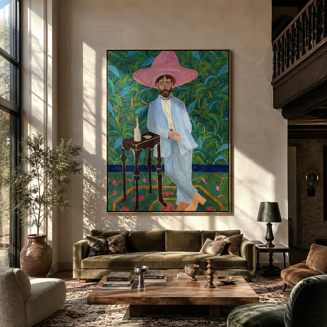 Blue Suit Holds Garden Pause styled with warm modern furnishings