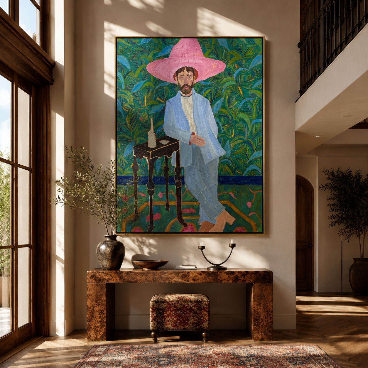 Blue Suit Holds Garden Pause presented as a colorful interior focal point