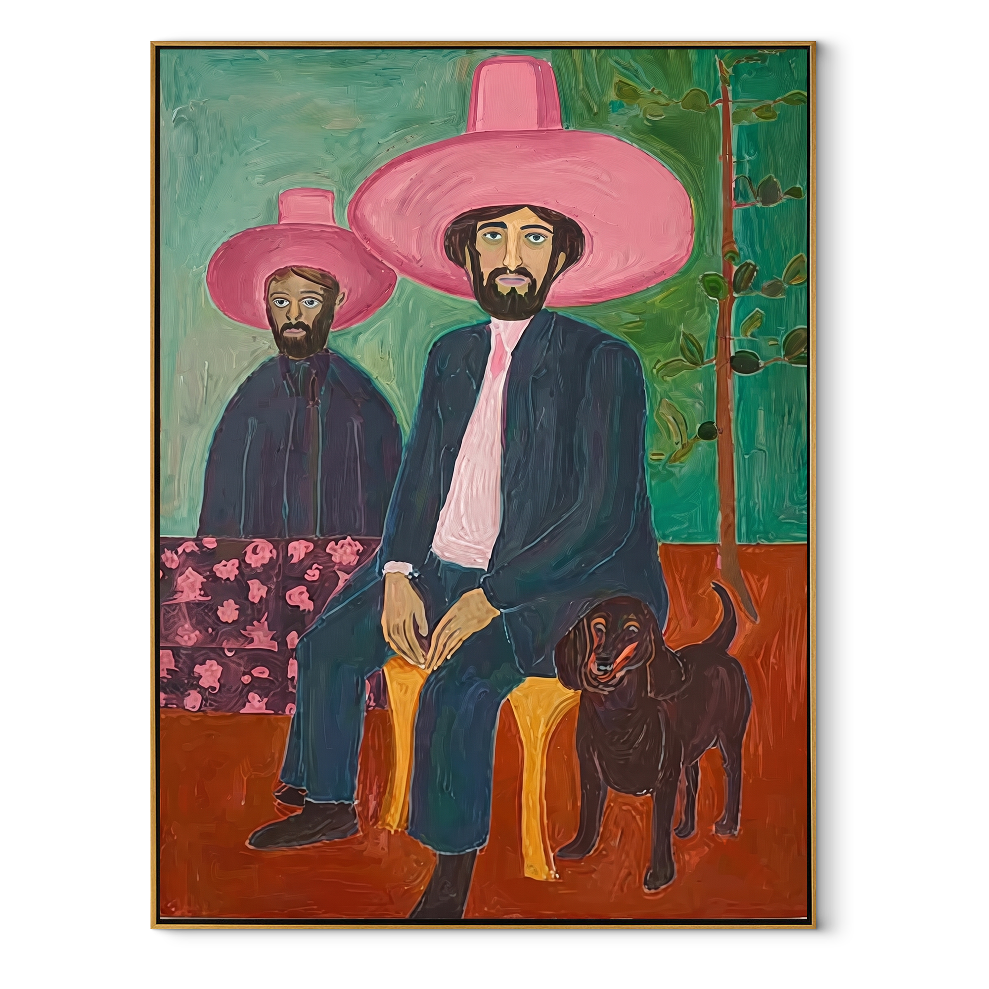 Black Dog Guards Pink Western figurative painting, vertical canvas artwork