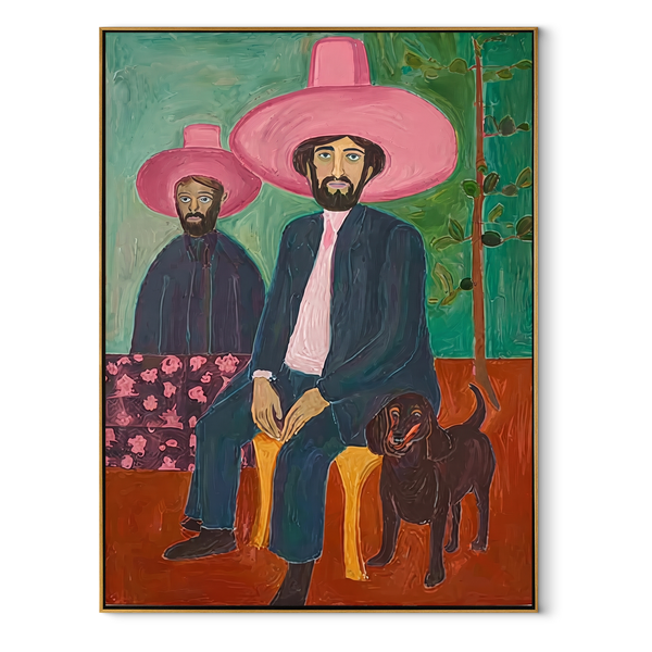 Black Dog Guards Pink – Cowboy Dog Portrait Painting | Modern Folk Art Vertical Wall Art