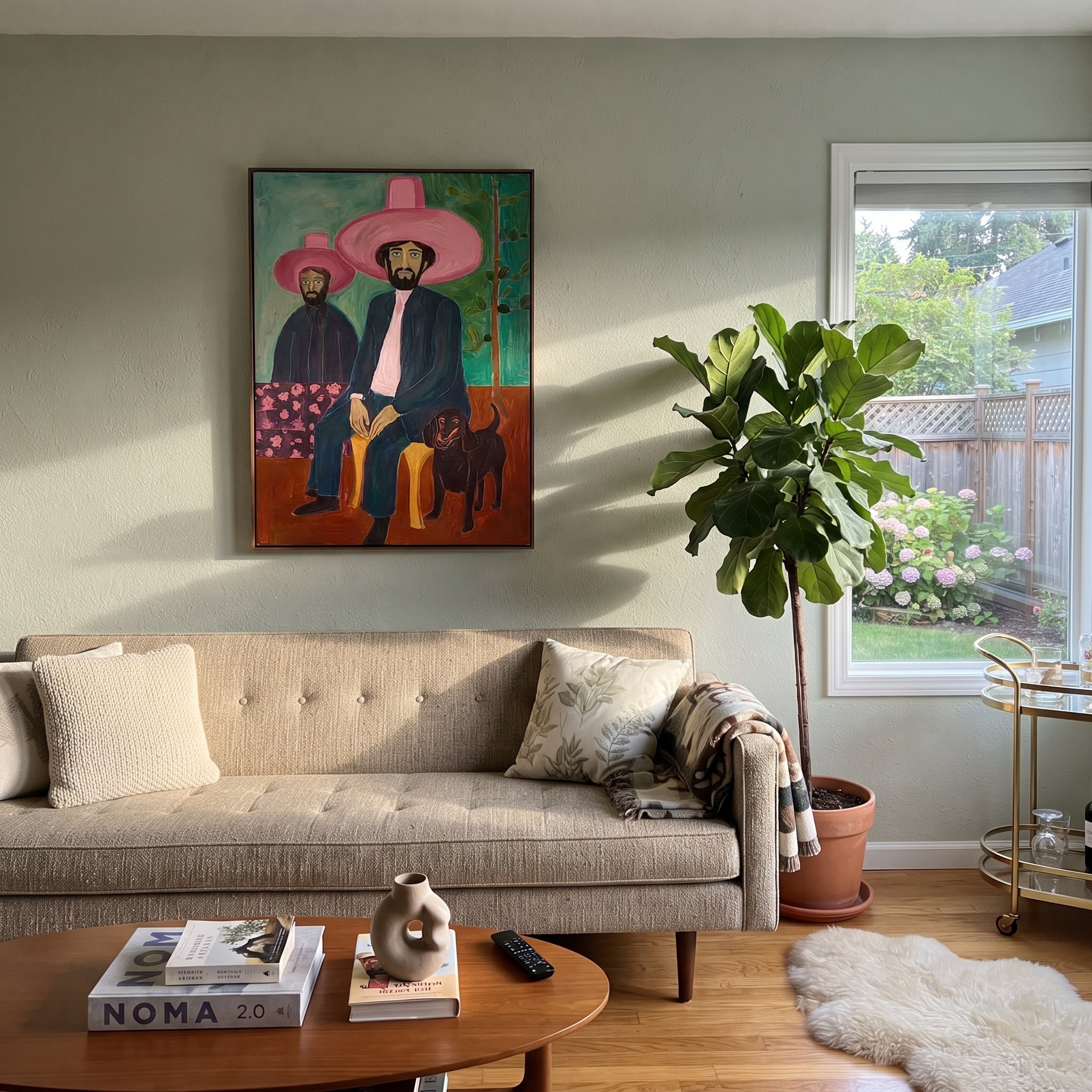 Black Dog Guards Pink displayed in a layered residential setting