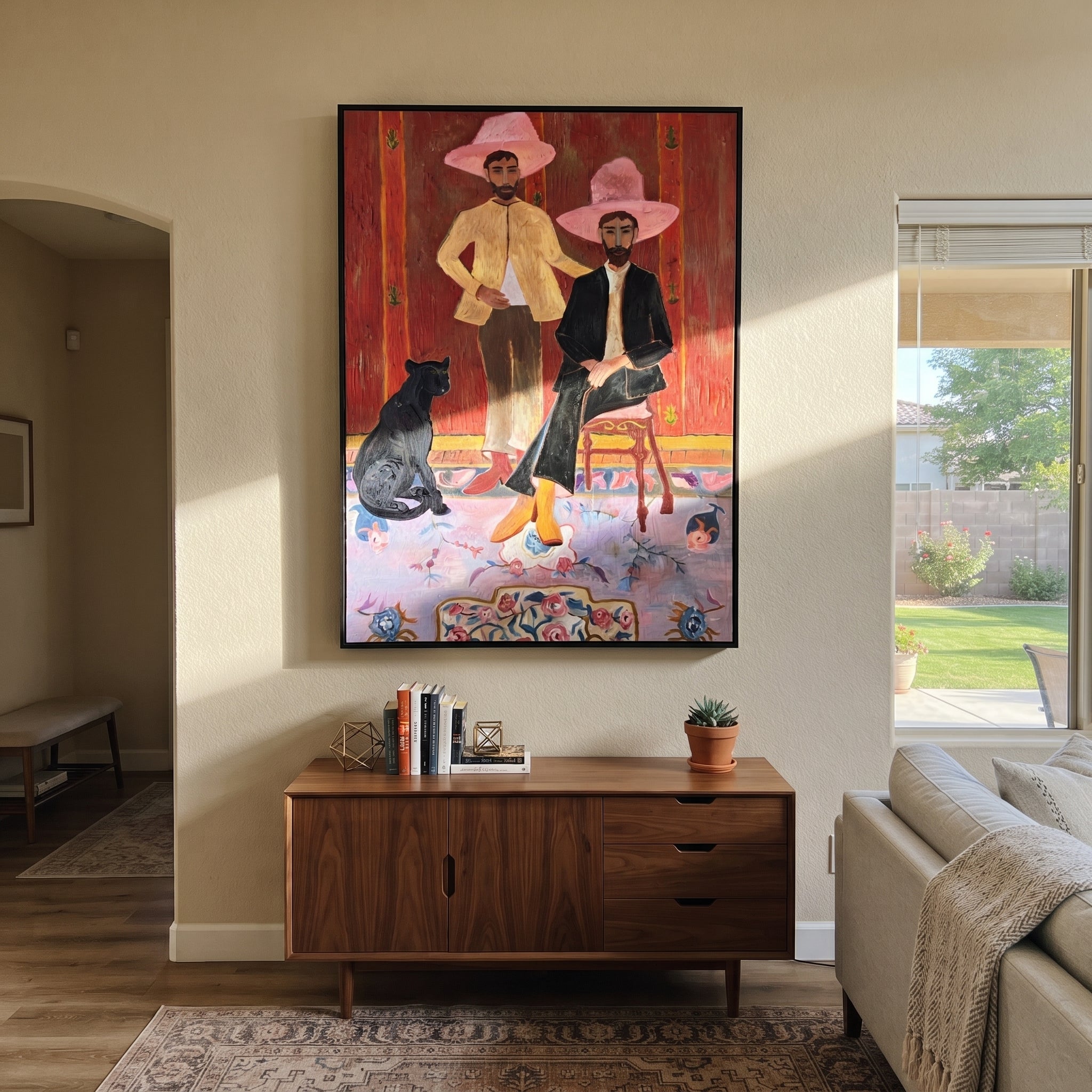 Pink Hats Keep Company displayed in a collected contemporary interior