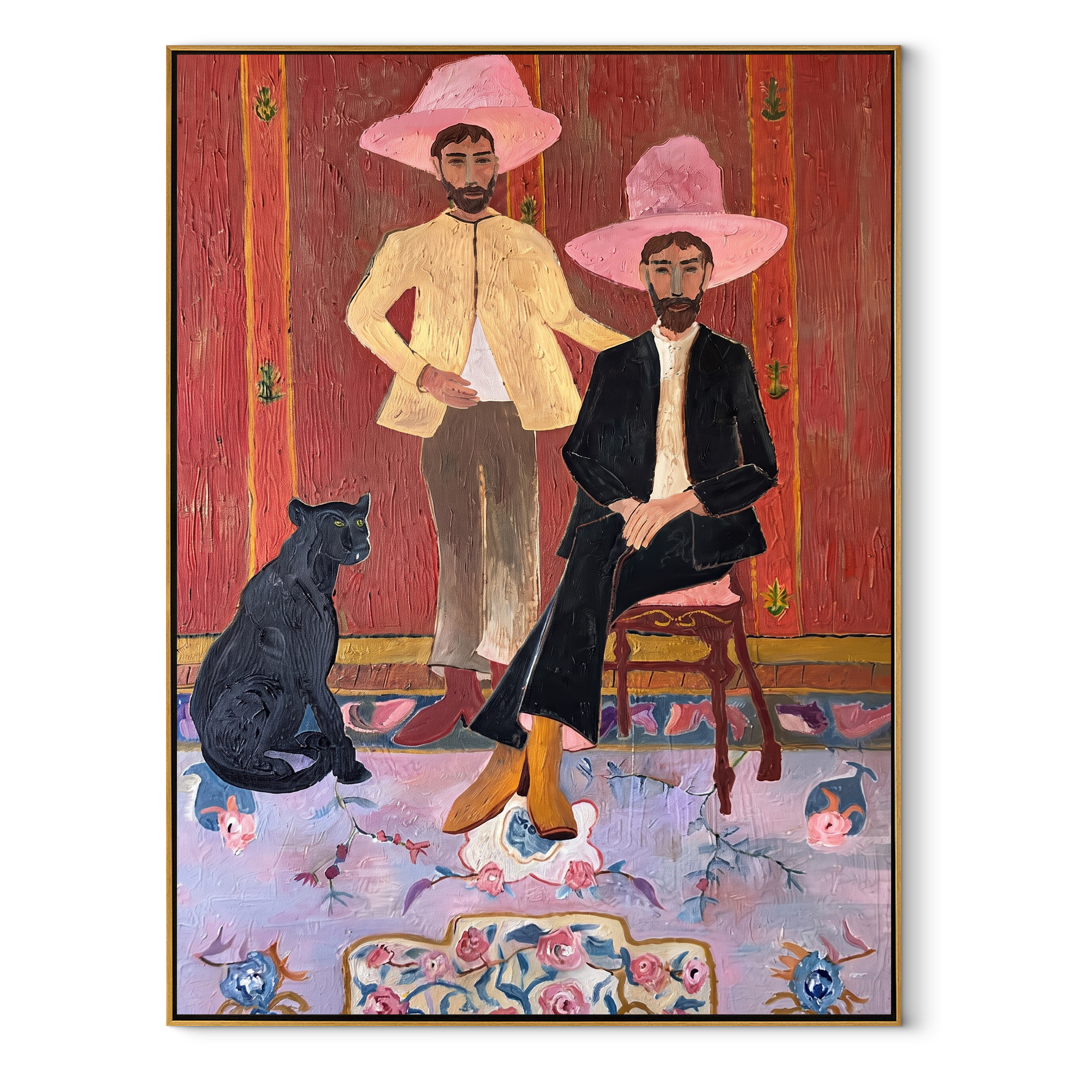 Pink Hats Keep Company Western figurative painting, vertical canvas artwork
