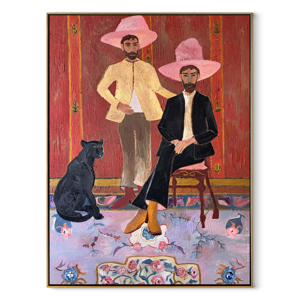 Pink Hats Keep Company – Cowboy Dog Interior Painting | Modern Folk Art Vertical Wall Art