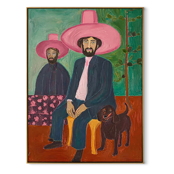 Pink Brims Shelter Hound – Pink Hat Cowboy Painting | Modern Folk Art Vertical Wall Art