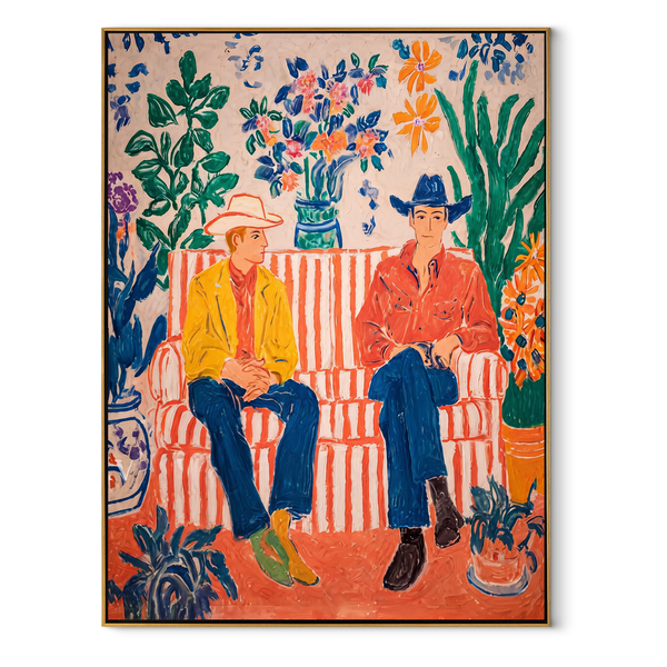 Striped Sofa Grows Wild – Floral Cowboy Sofa Painting | Modern Folk Art Vertical Wall Art