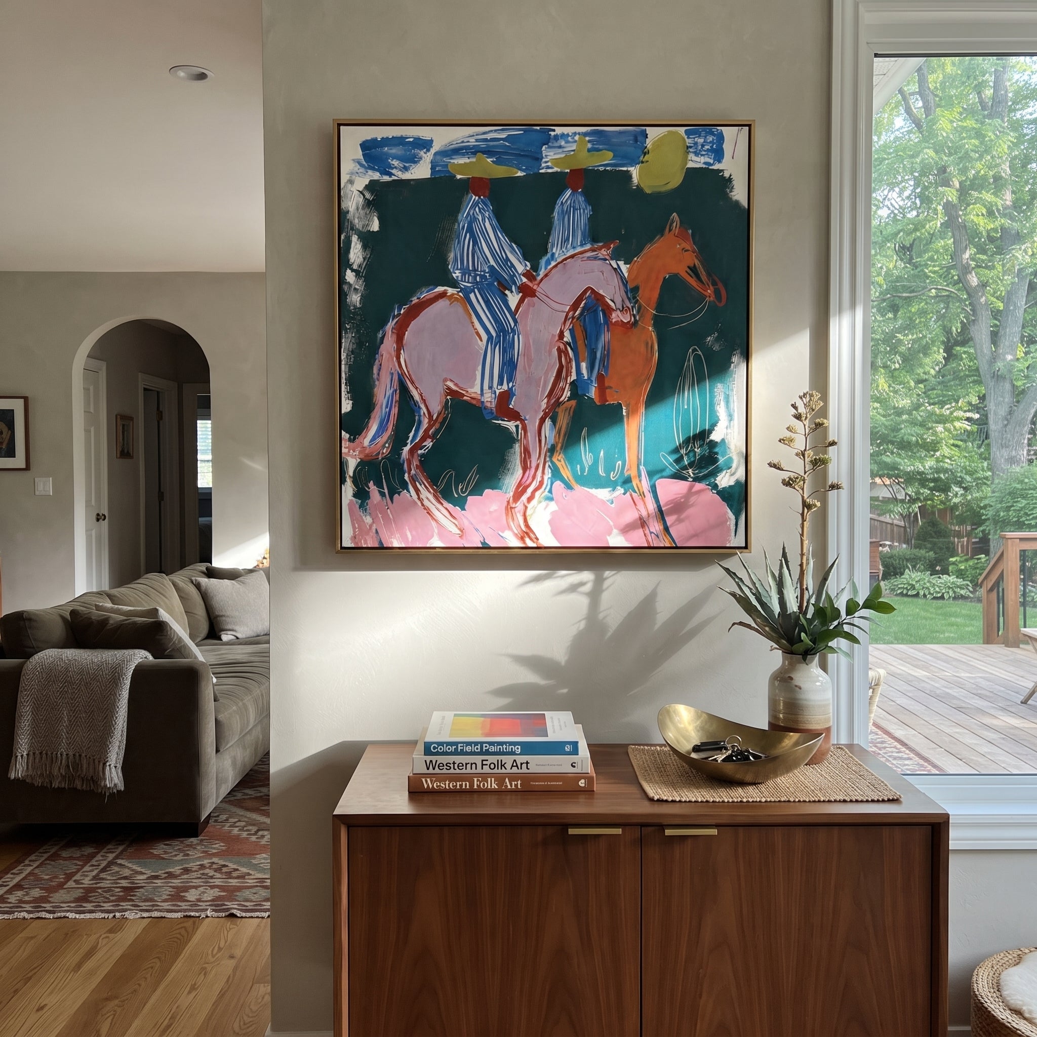 Blue Stripes Cross Teal displayed in a collected contemporary interior