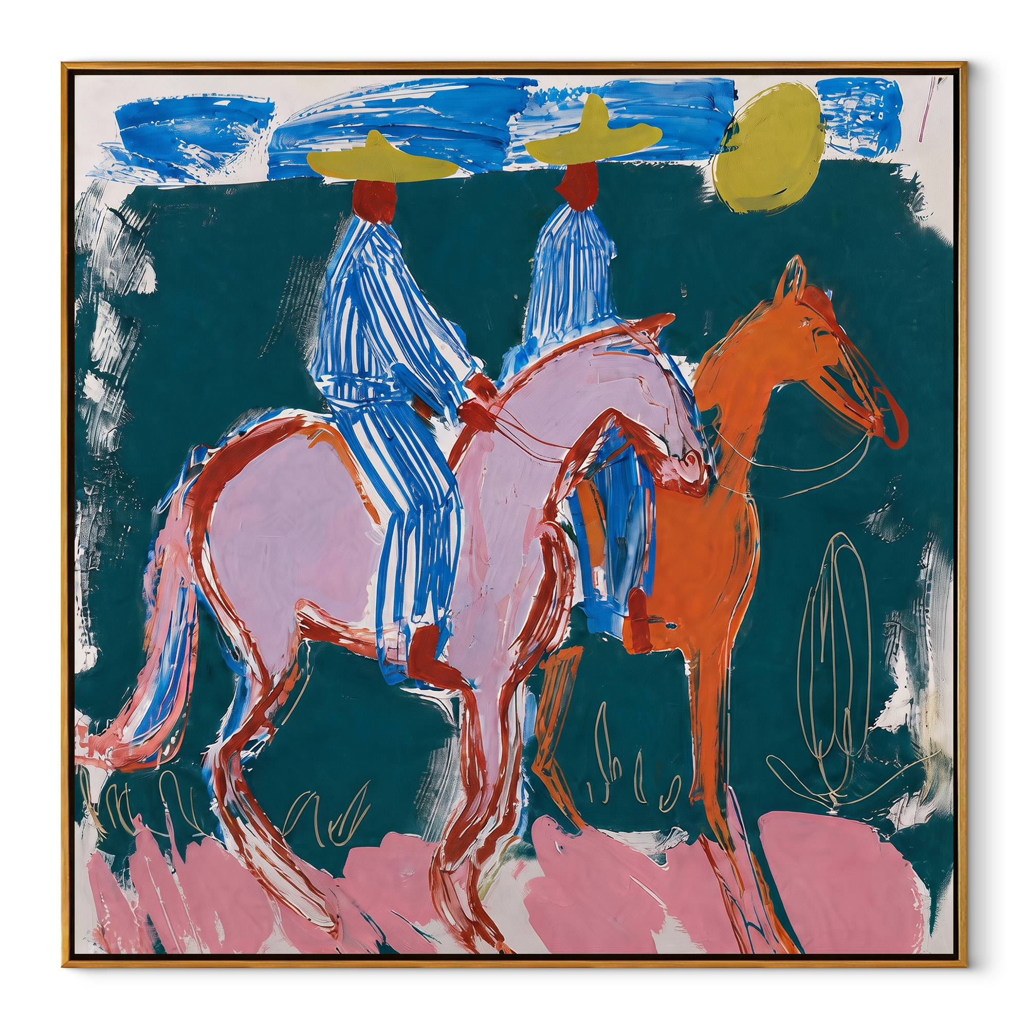 Blue Stripes Cross Teal Western figurative painting, square canvas artwork