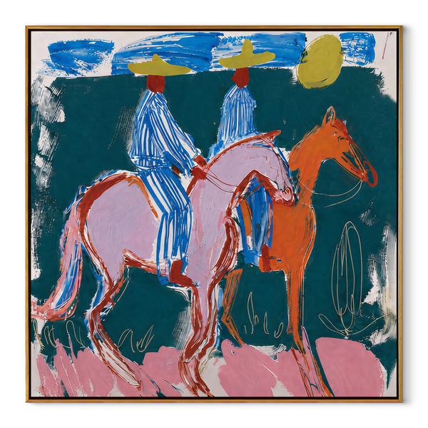 Blue Stripes Cross Teal – Blue Horse Riders Painting | Modern Folk Art Square Wall Art