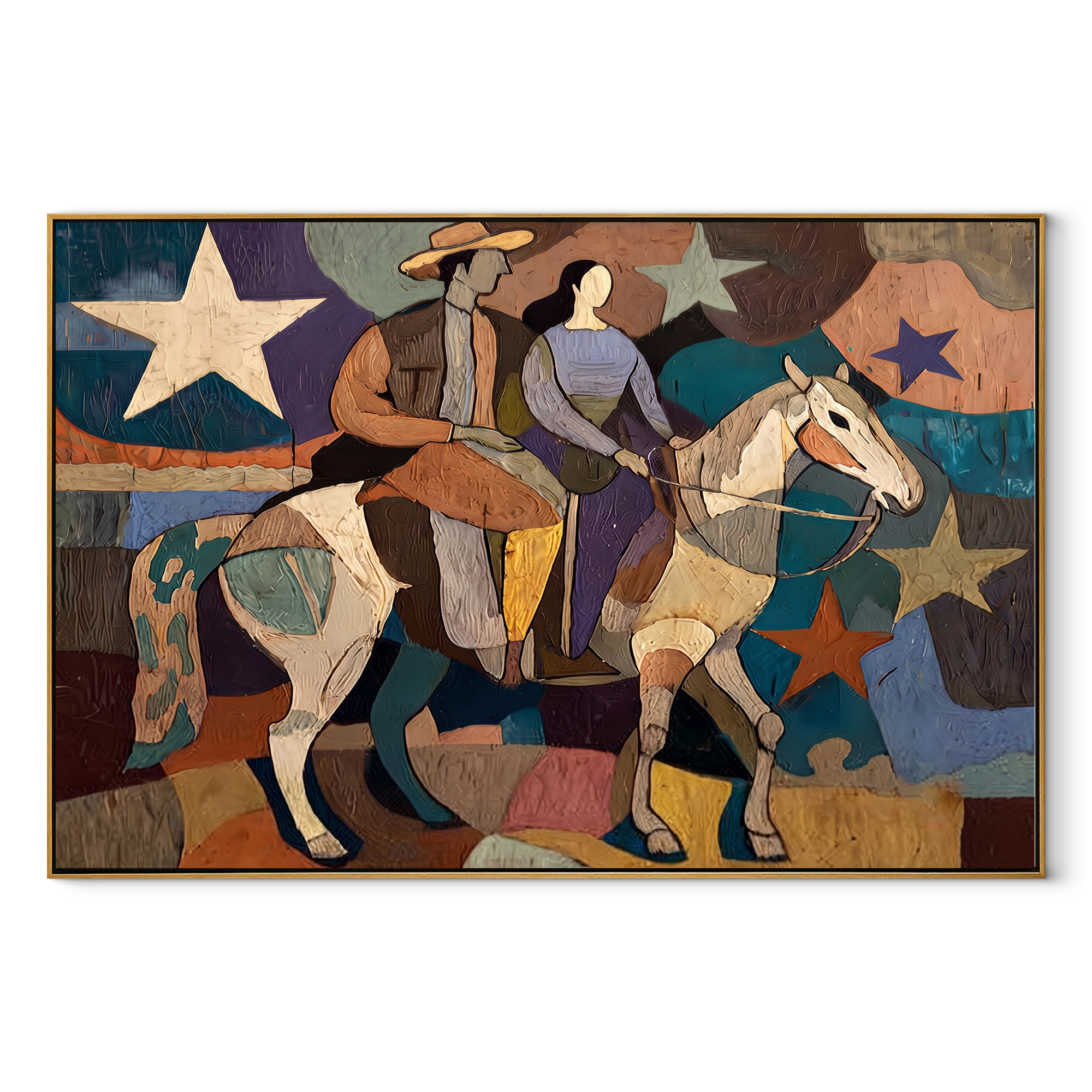Two Riders Cross Stars Western figurative painting, horizontal canvas artwork