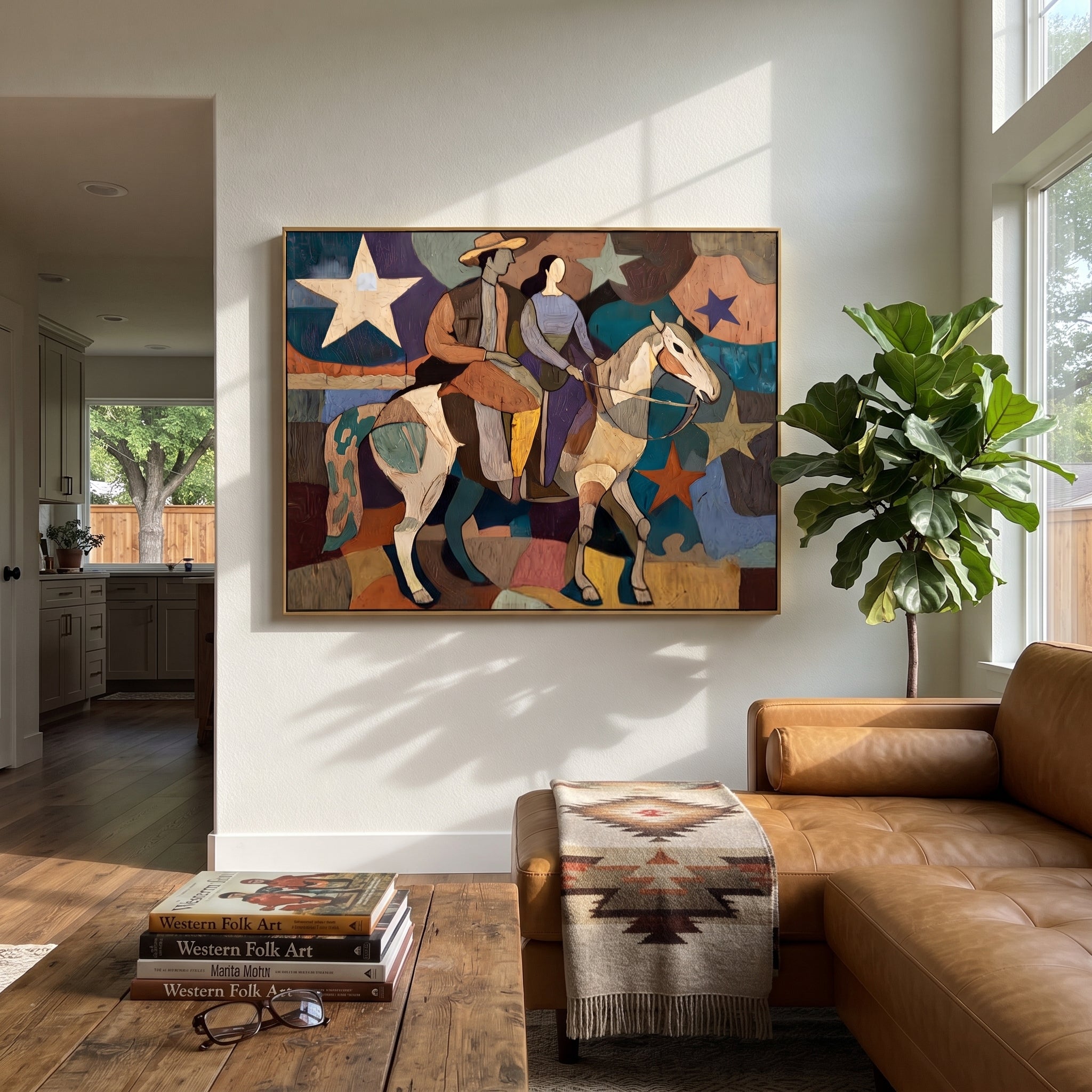 Two Riders Cross Stars styled with wood, linen, and modern decor
