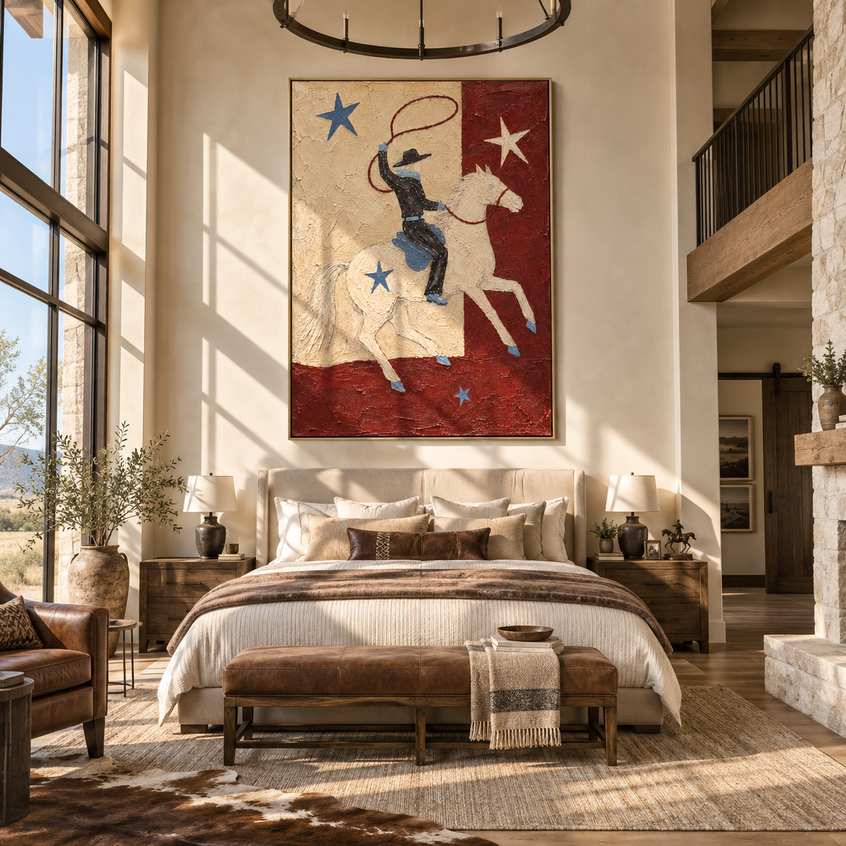 Stars Follow the Lariat - colorful modern folk cowboy painting, vertical textured Western wall art - displayed in a tall entryway