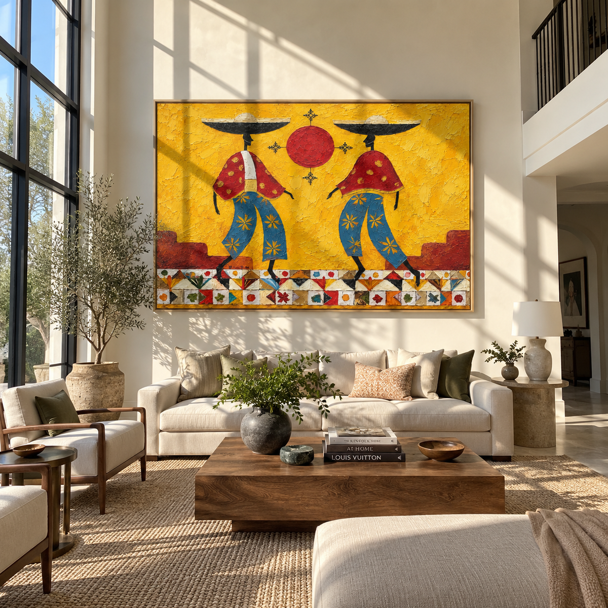 Sun Between Two Brims - colorful modern folk cowboy painting, horizontal textured Western wall art - displayed above a living room sofa