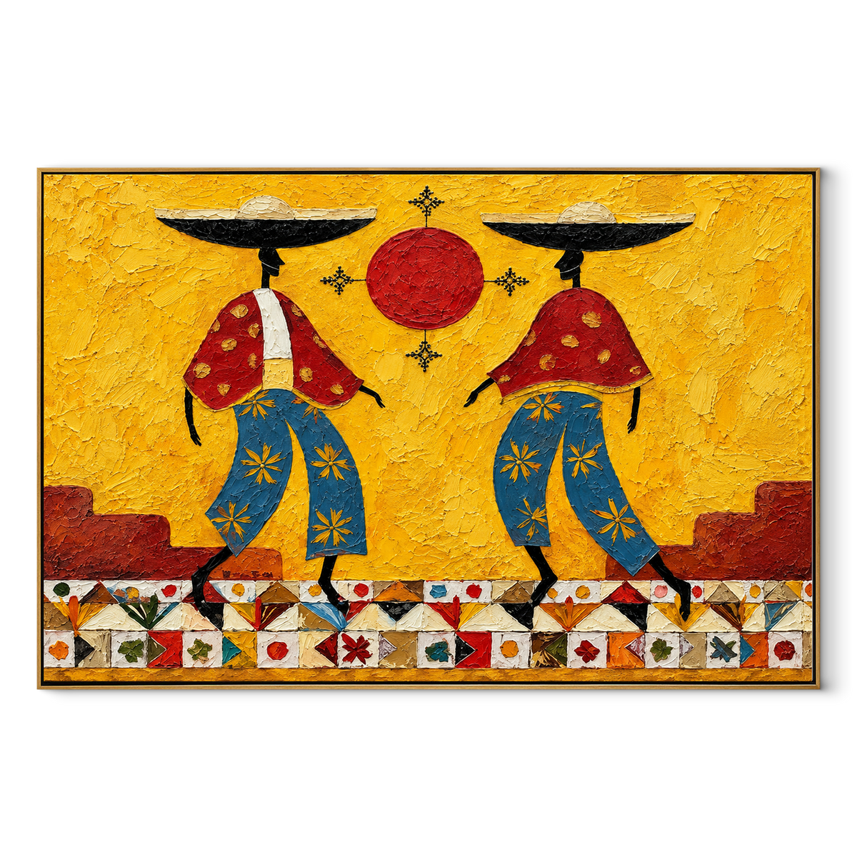 Sun Between Two Brims - colorful modern folk cowboy painting, horizontal textured Western wall art - wood frame on white background