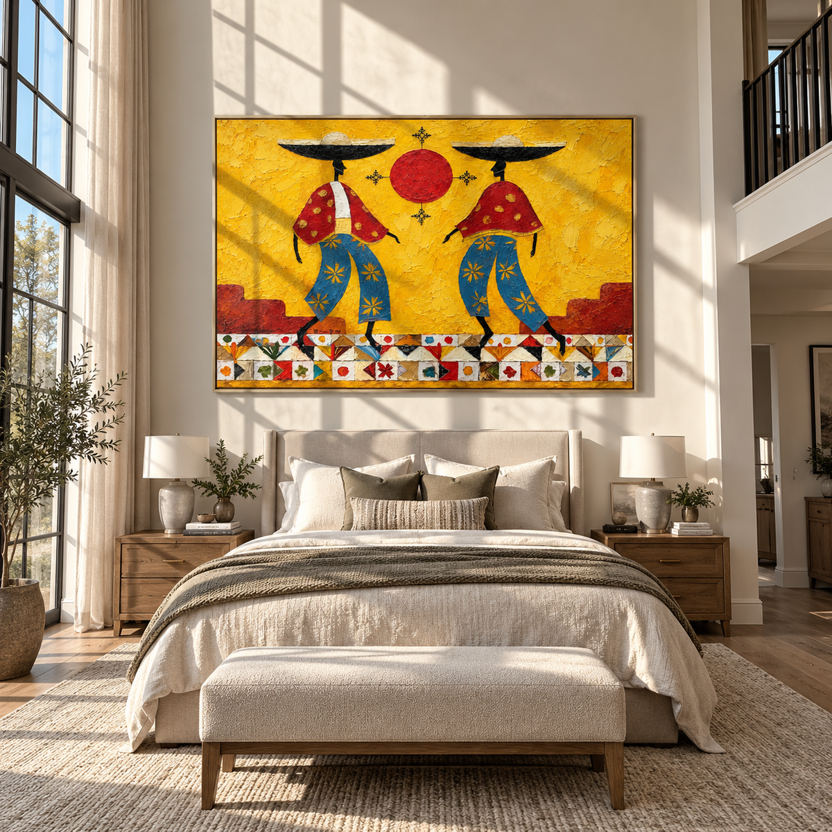 Sun Between Two Brims - colorful modern folk cowboy painting, horizontal textured Western wall art - displayed across a dining sideboard