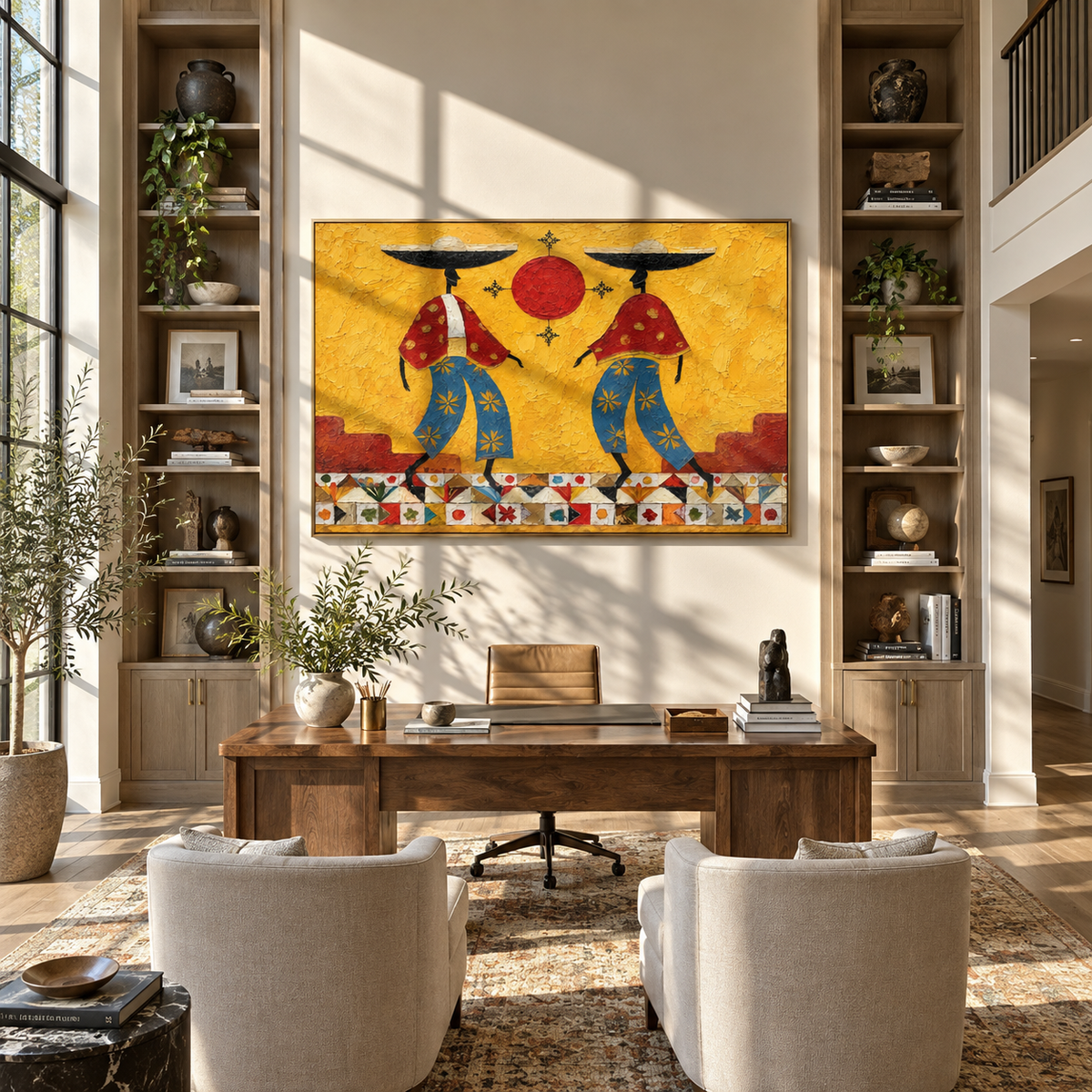Sun Between Two Brims - colorful modern folk cowboy painting, horizontal textured Western wall art - displayed above a long walnut cabinet