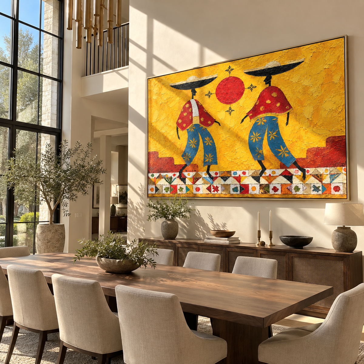 Sun Between Two Brims - colorful modern folk cowboy painting, horizontal textured Western wall art - displayed in a colorful open-plan lounge