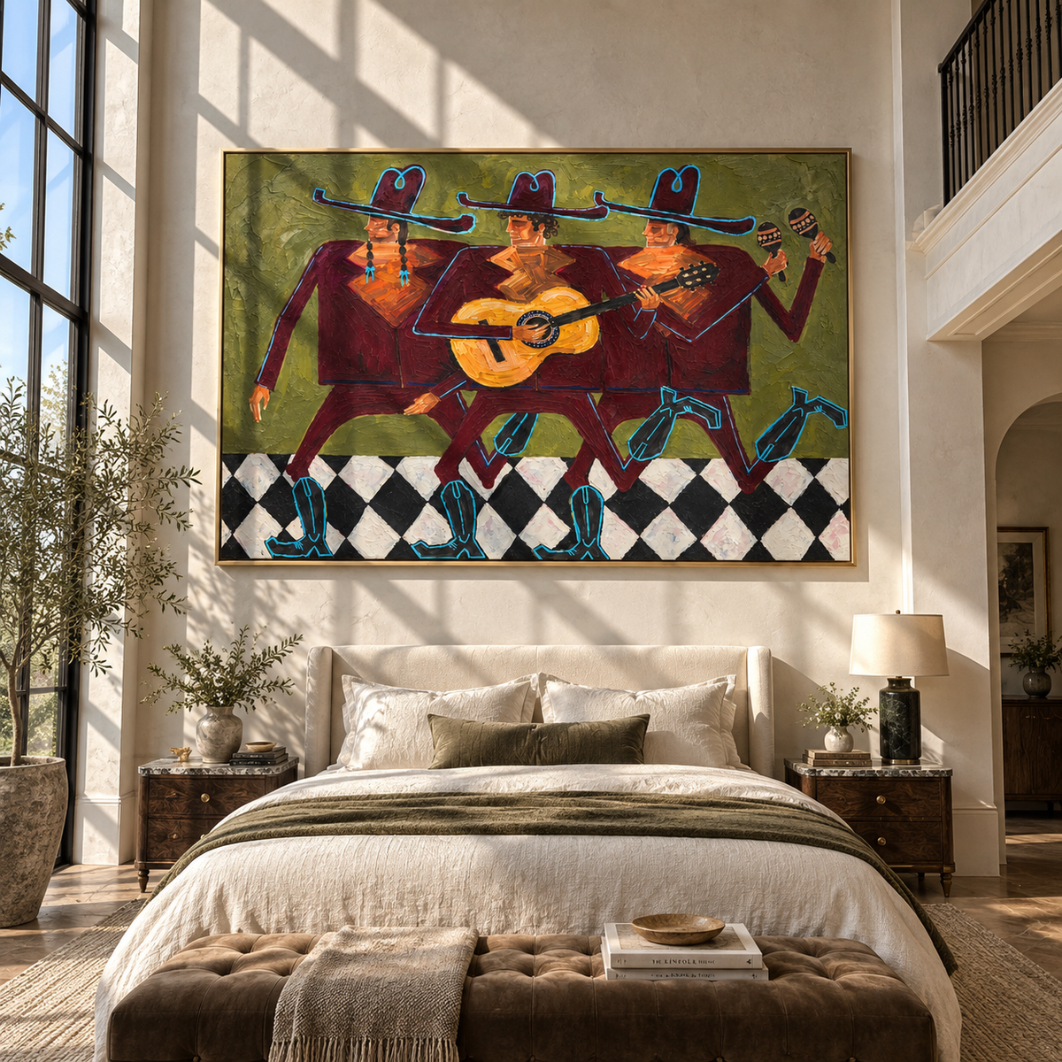 Three Riders Keep the Rhythm - colorful modern folk cowboy painting, horizontal textured Western wall art - displayed above a living room sofa