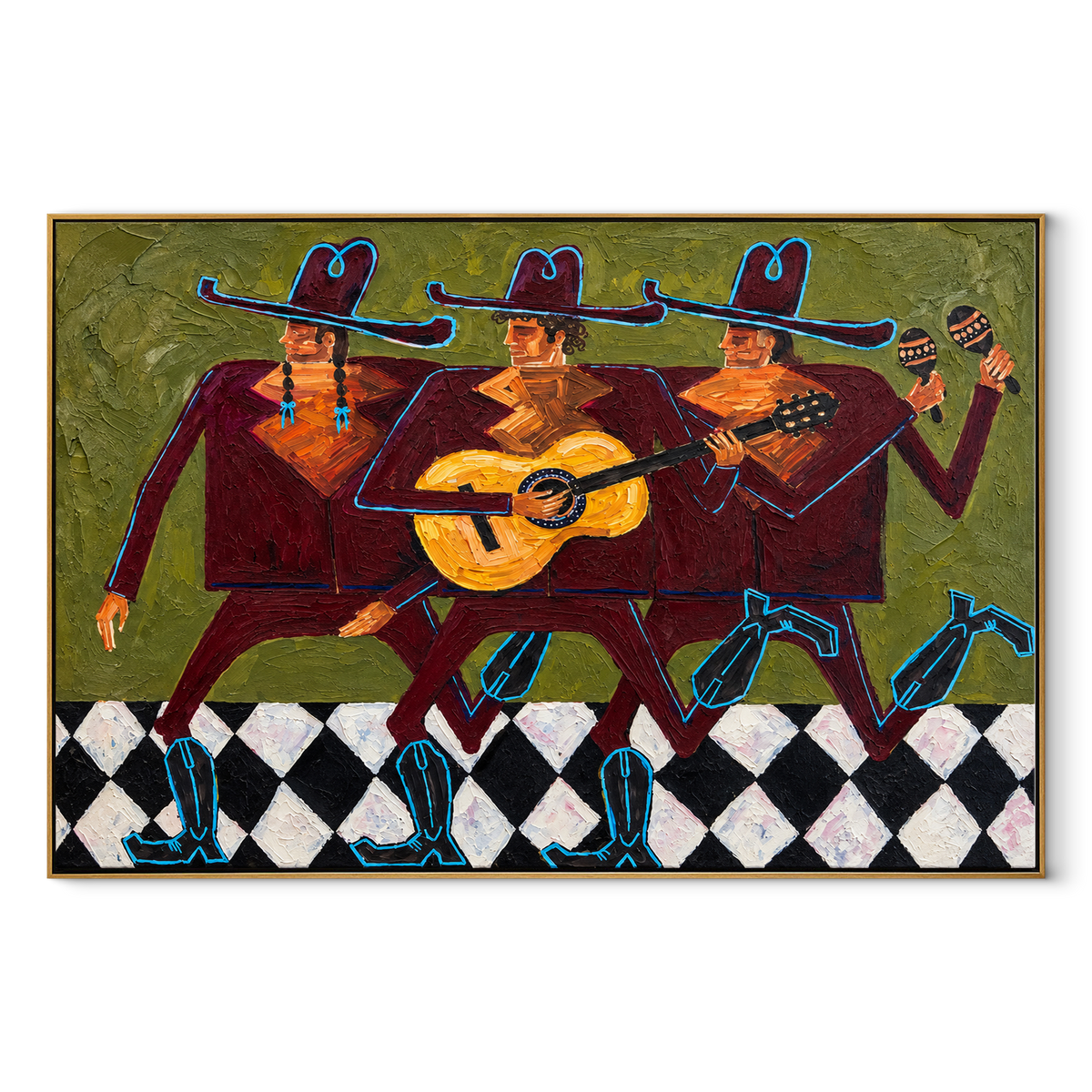 Three Riders Keep the Rhythm - colorful modern folk cowboy painting, horizontal textured Western wall art - wood frame on white background
