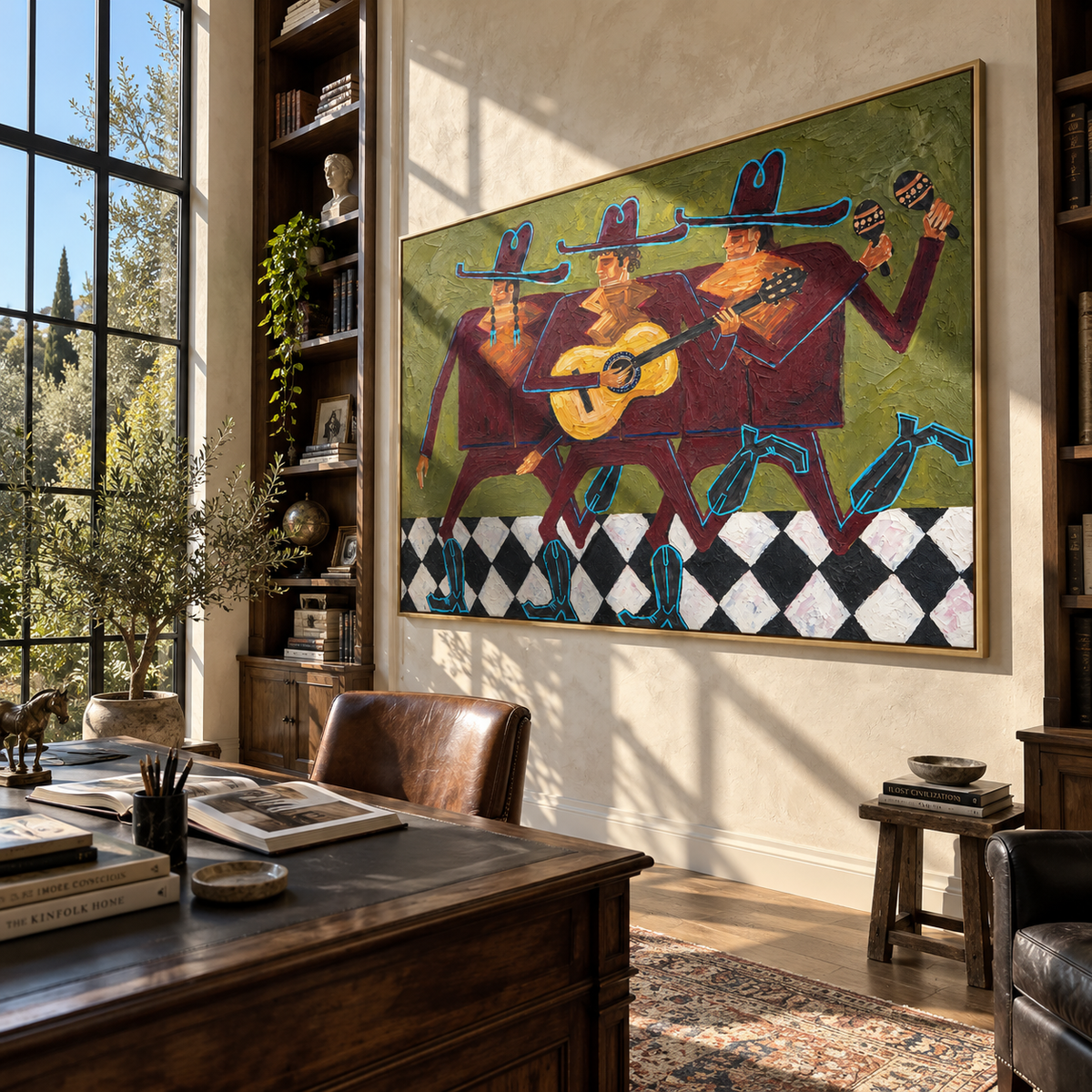 Three Riders Keep the Rhythm - colorful modern folk cowboy painting, horizontal textured Western wall art - displayed in a boutique hotel lounge