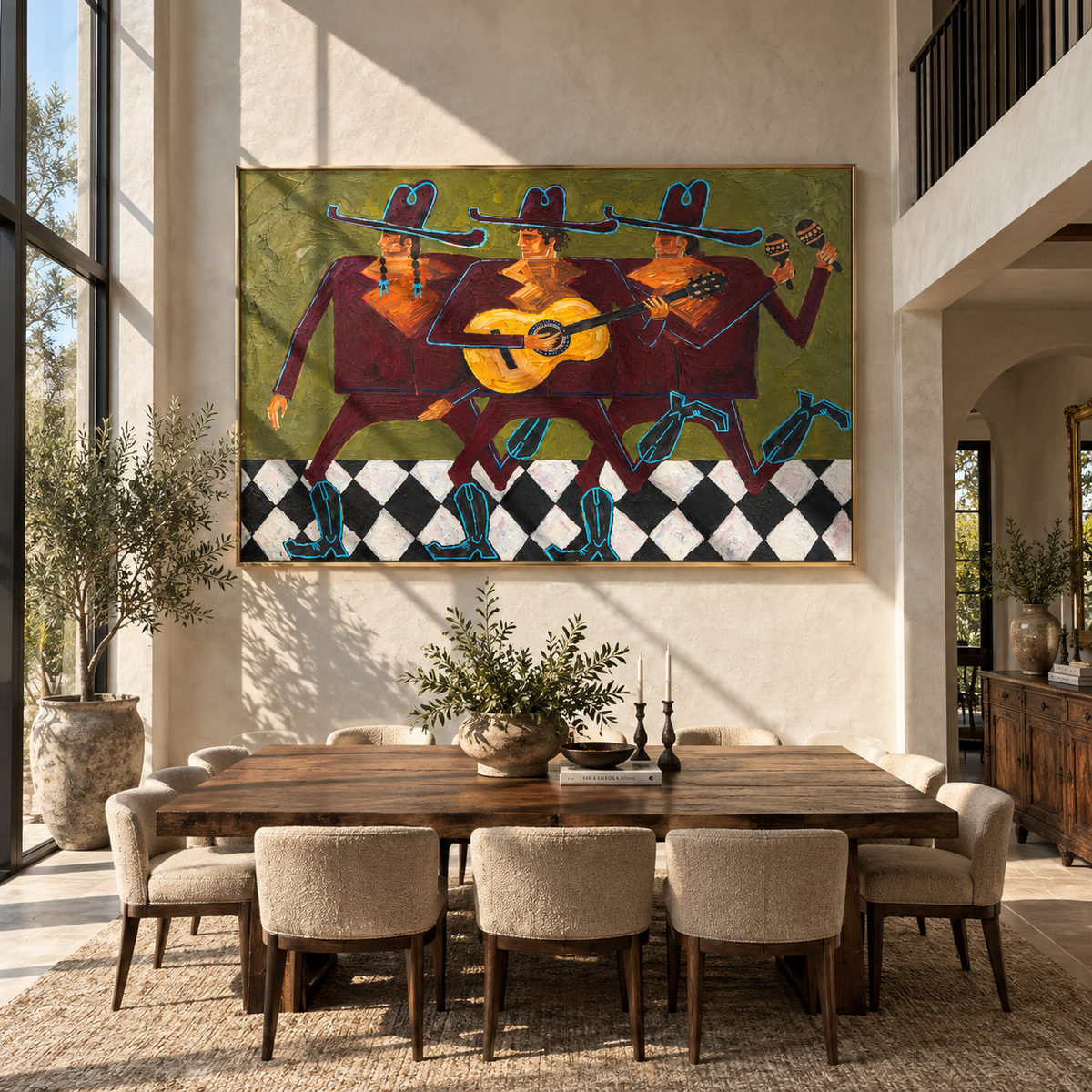 Three Riders Keep the Rhythm - colorful modern folk cowboy painting, horizontal textured Western wall art - displayed over a dark wood sideboard