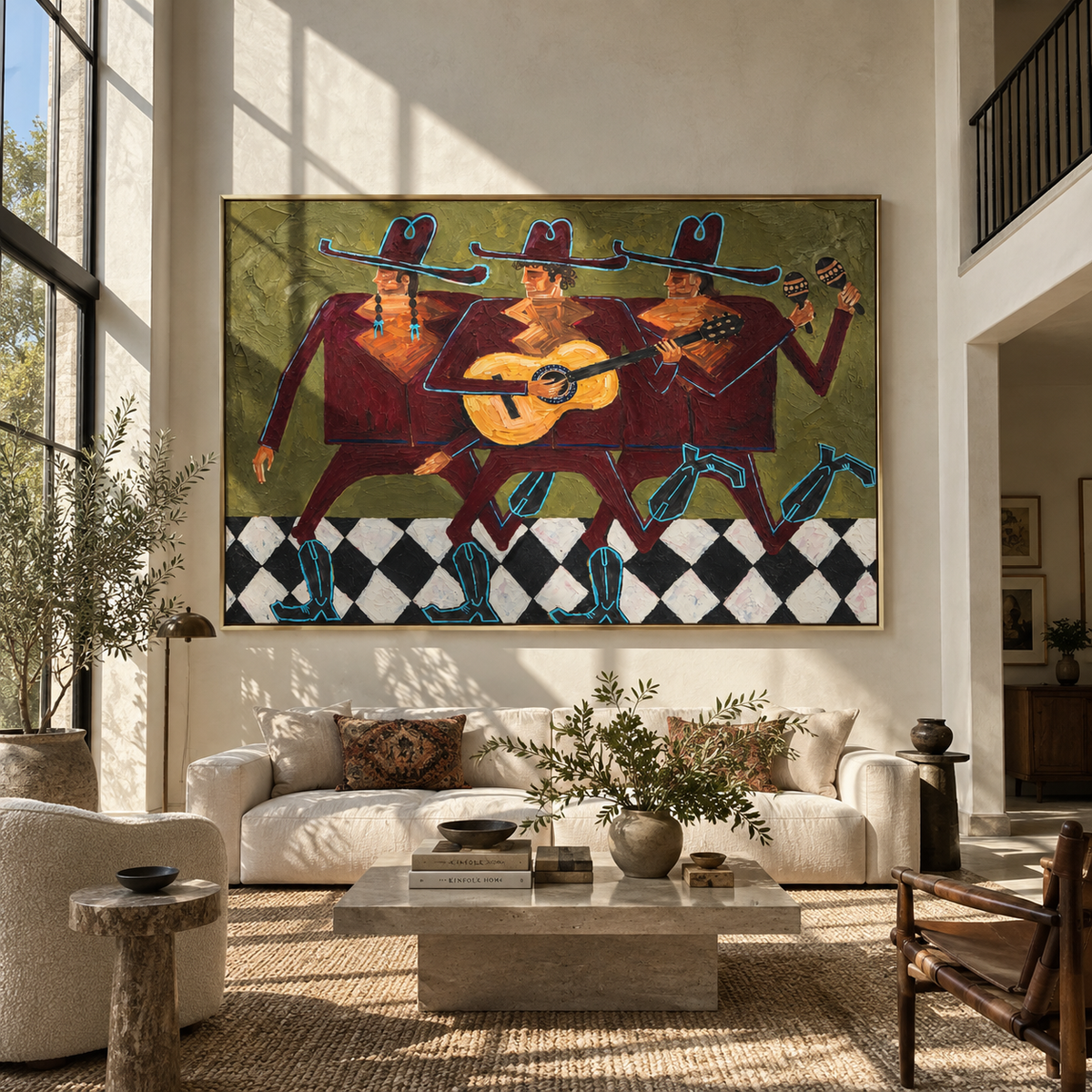 Three Riders Keep the Rhythm - colorful modern folk cowboy painting, horizontal textured Western wall art - displayed across an open-plan gathering space
