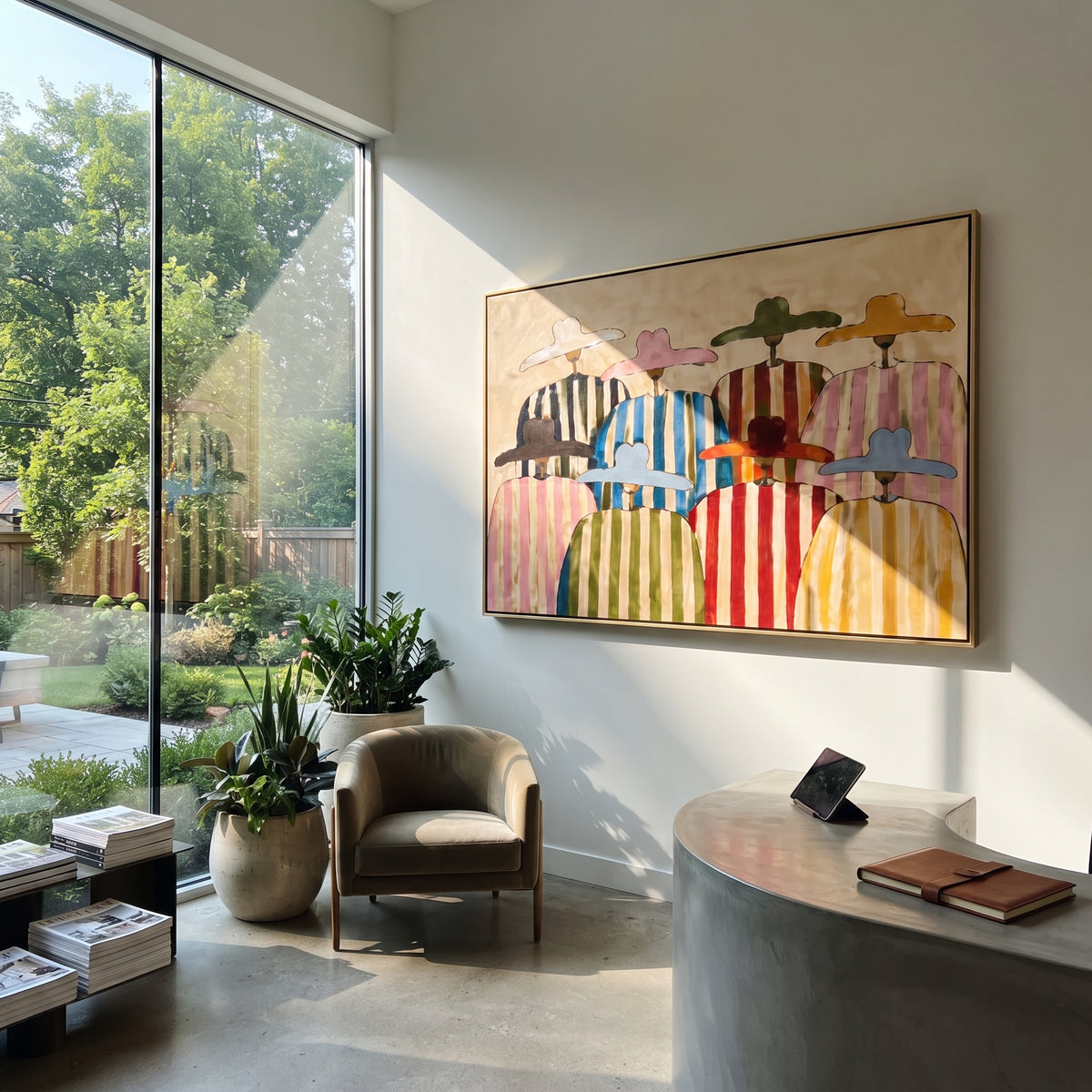 Brims Across Painted Plains colorful cowboy crowd painting displayed in a styled interior