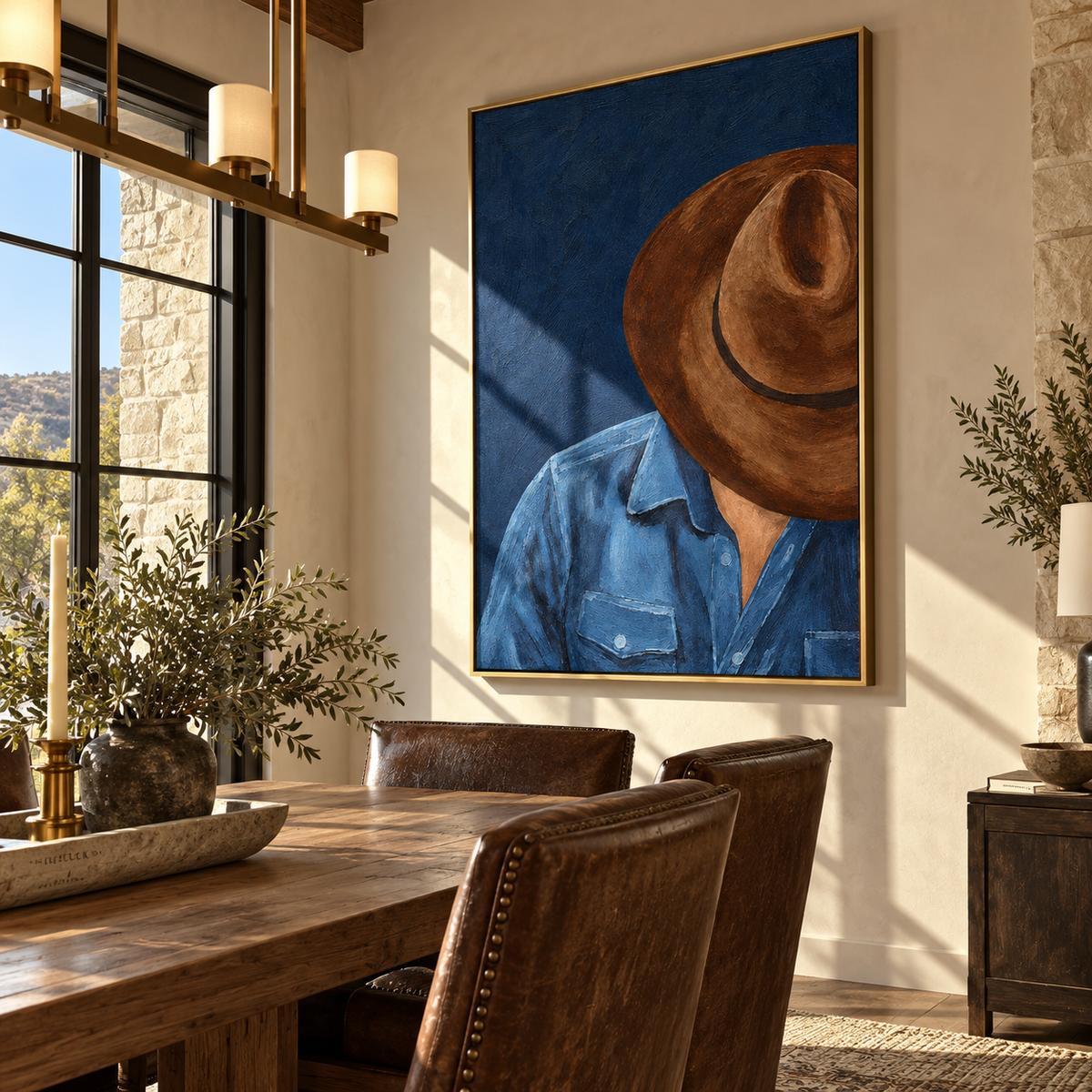 Hat Low at Midnight - cowboy portrait painting shown in modern room setting 3