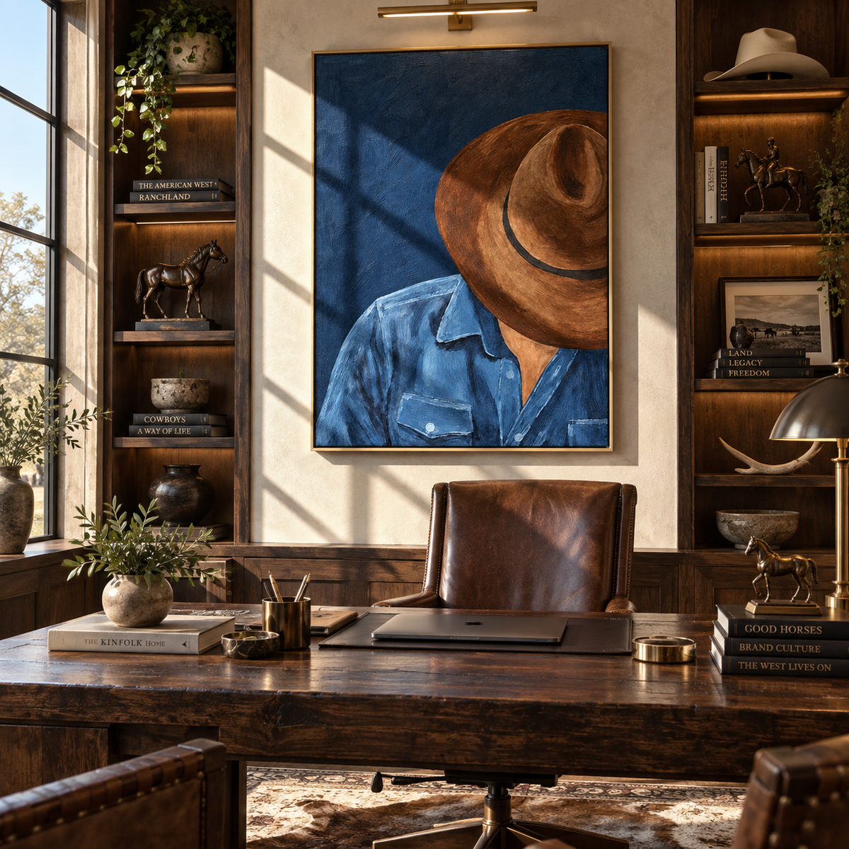Hat Low at Midnight - cowboy portrait painting shown in modern room setting 5