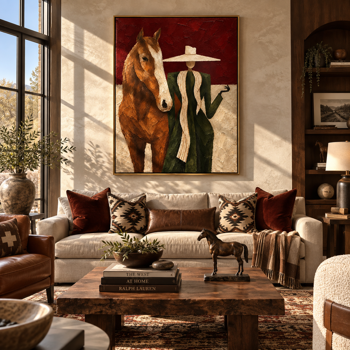 Scarlet Brim with Chestnut - cowgirl and horse painting shown in modern room setting 2