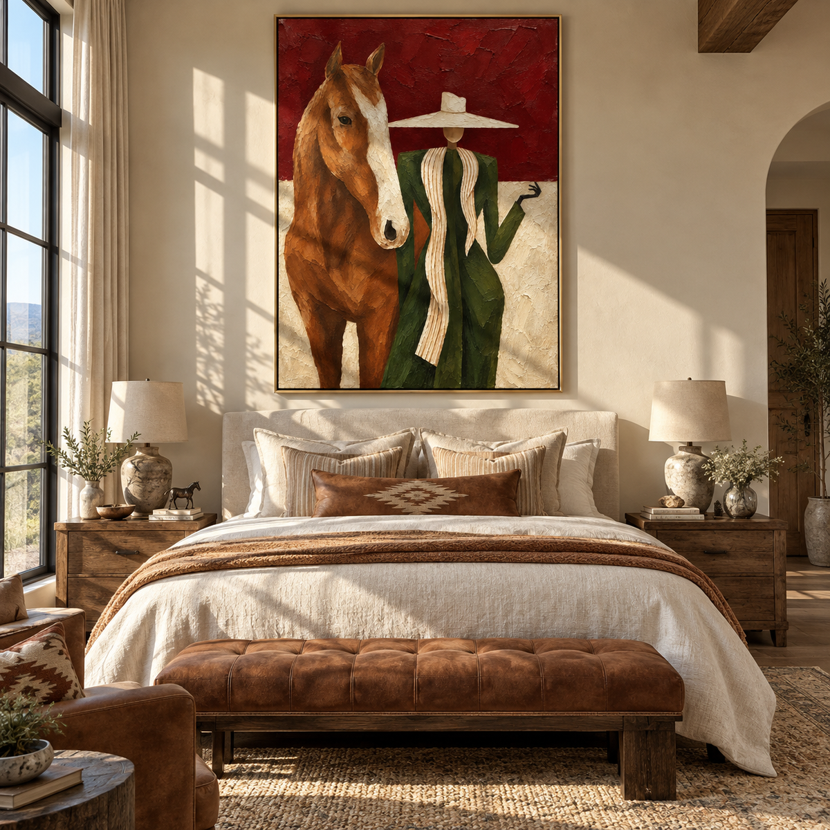 Scarlet Brim with Chestnut - cowgirl and horse painting shown in modern room setting 3