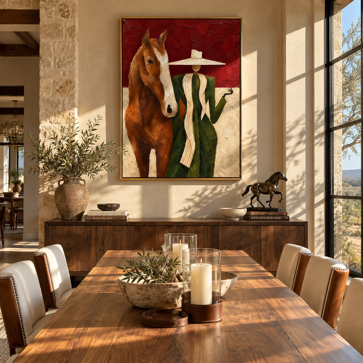 Scarlet Brim with Chestnut - cowgirl and horse painting shown in modern room setting 4