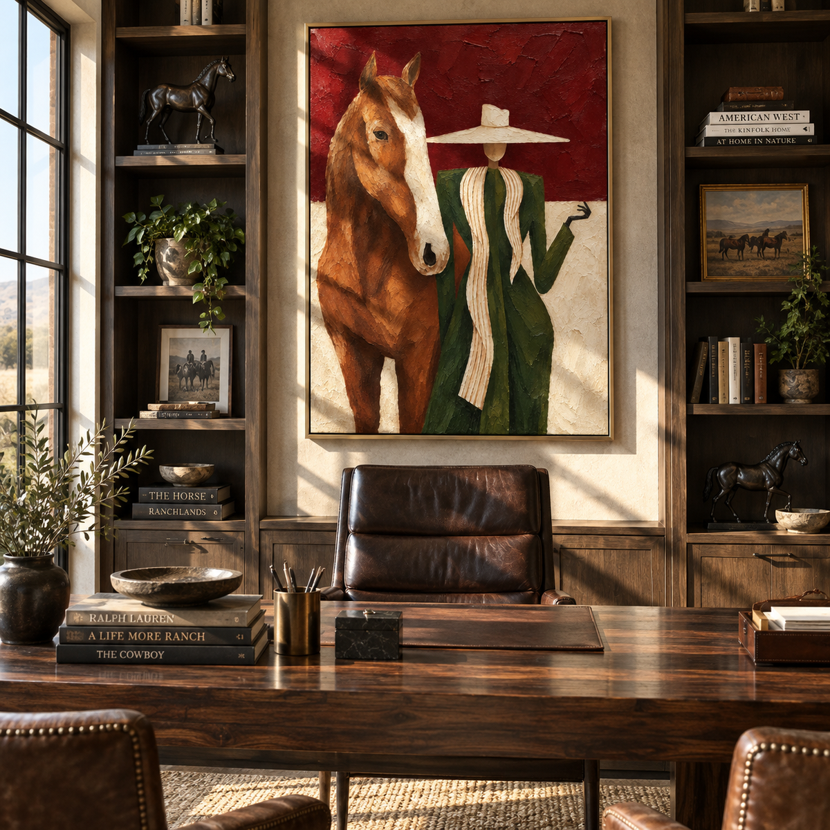 Scarlet Brim with Chestnut - cowgirl and horse painting shown in modern room setting 5