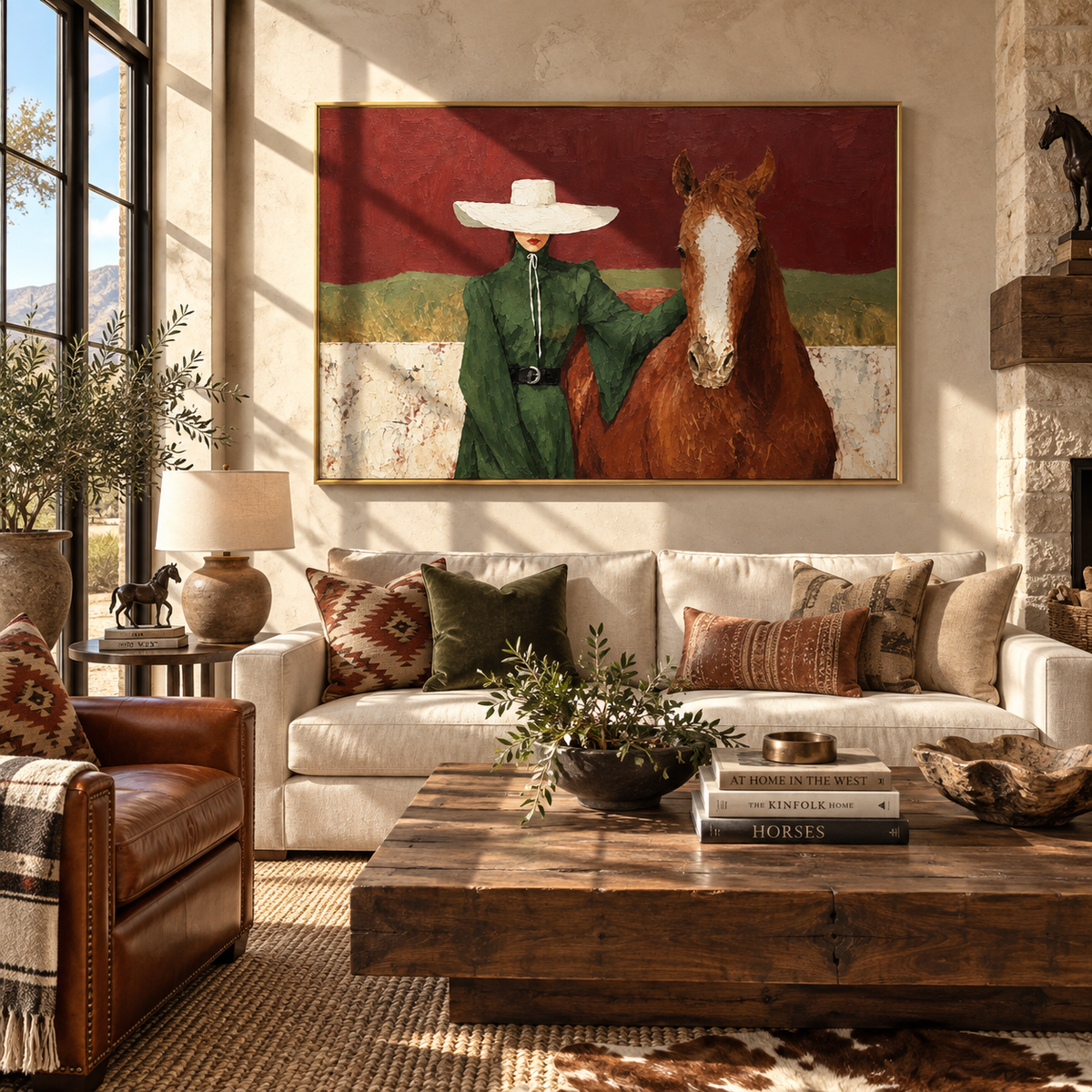 Green Coat Across Fields - cowgirl and horse painting shown in modern room setting 2