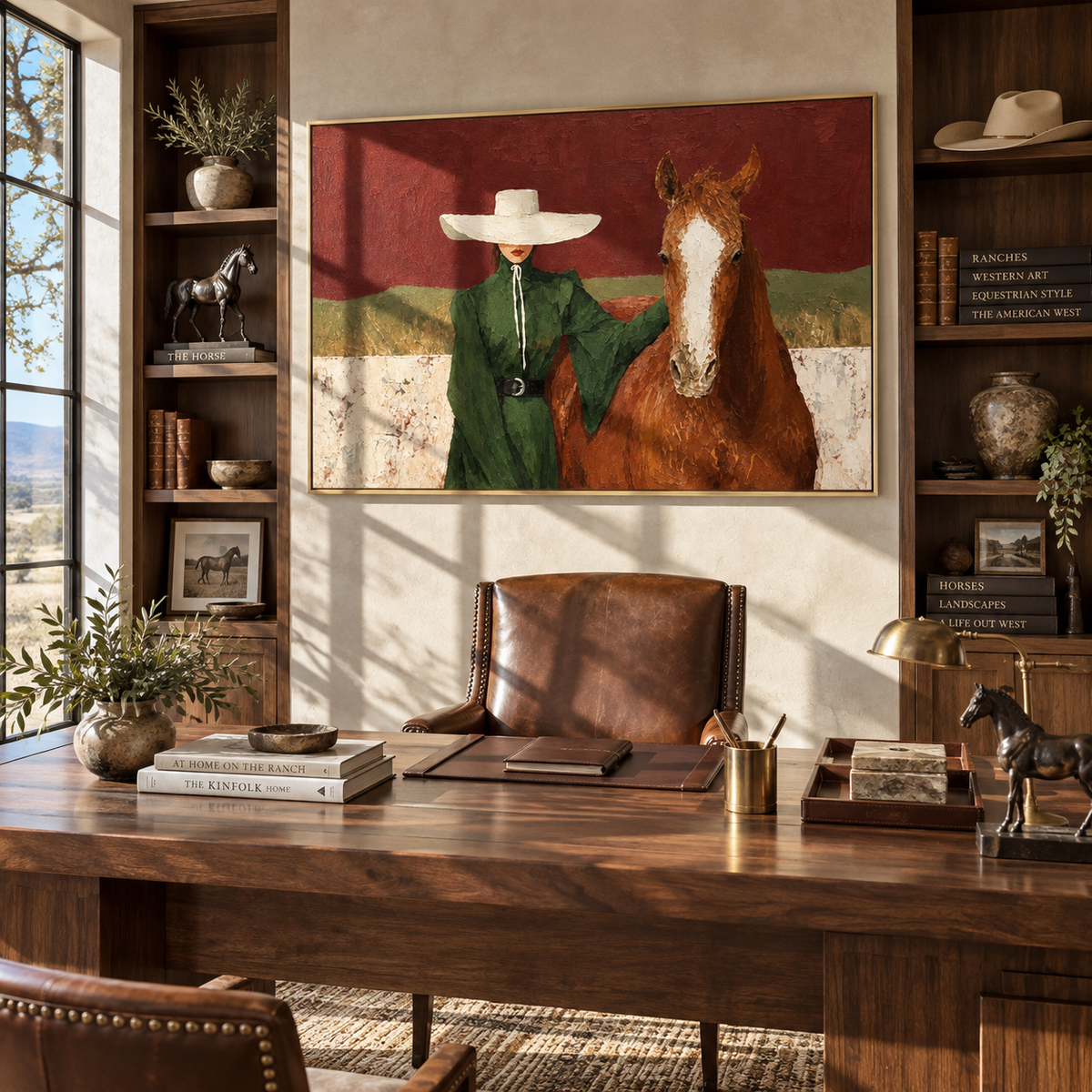 Green Coat Across Fields - cowgirl and horse painting shown in modern room setting 5