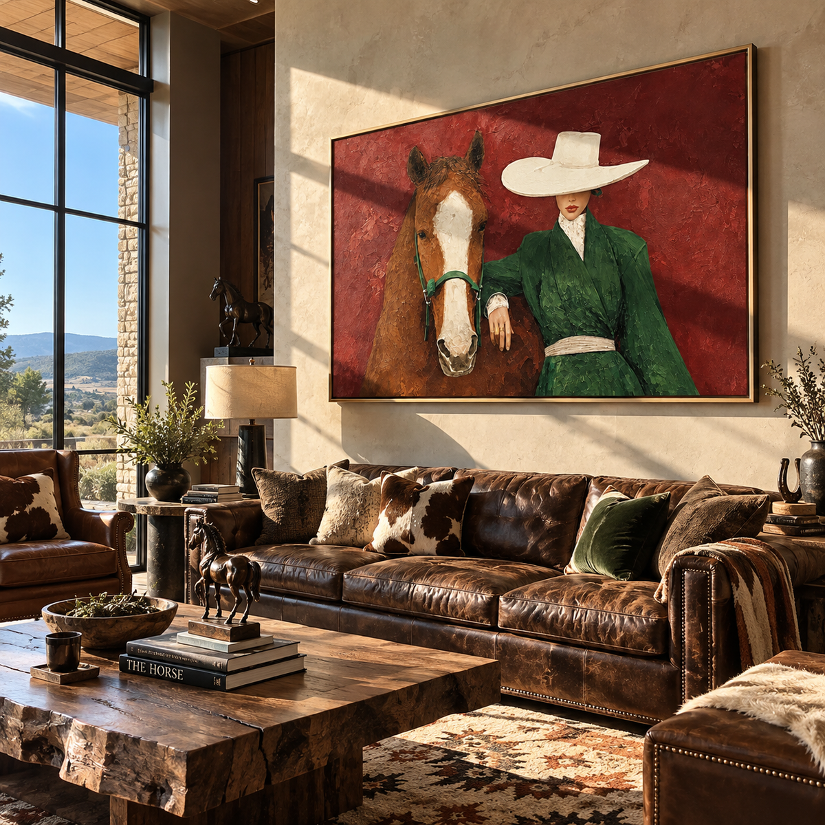 White Brim Beside Chestnut - cowgirl and horse painting displayed in a styled interior