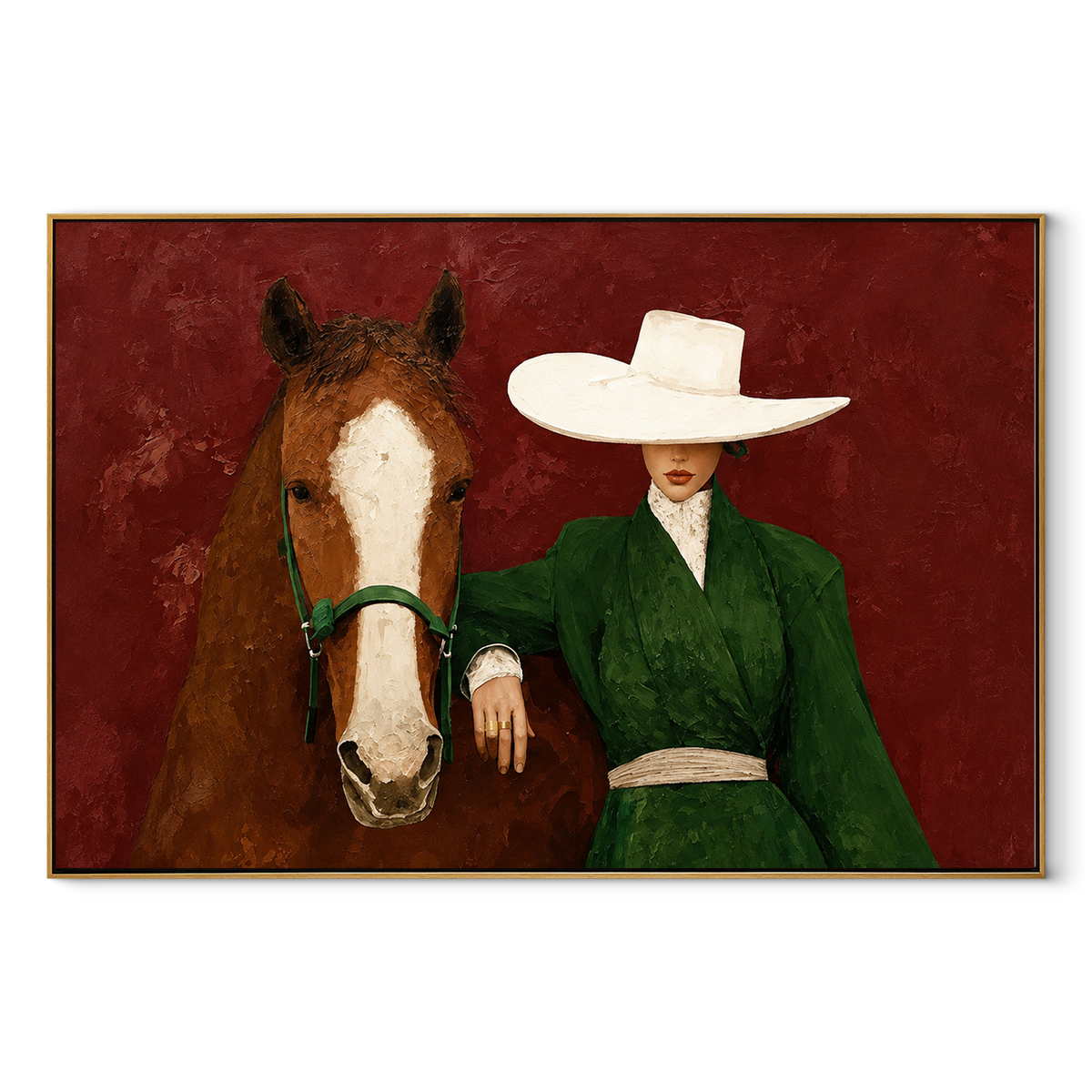 White Brim Beside Chestnut - cowgirl and horse painting in a wood frame on white