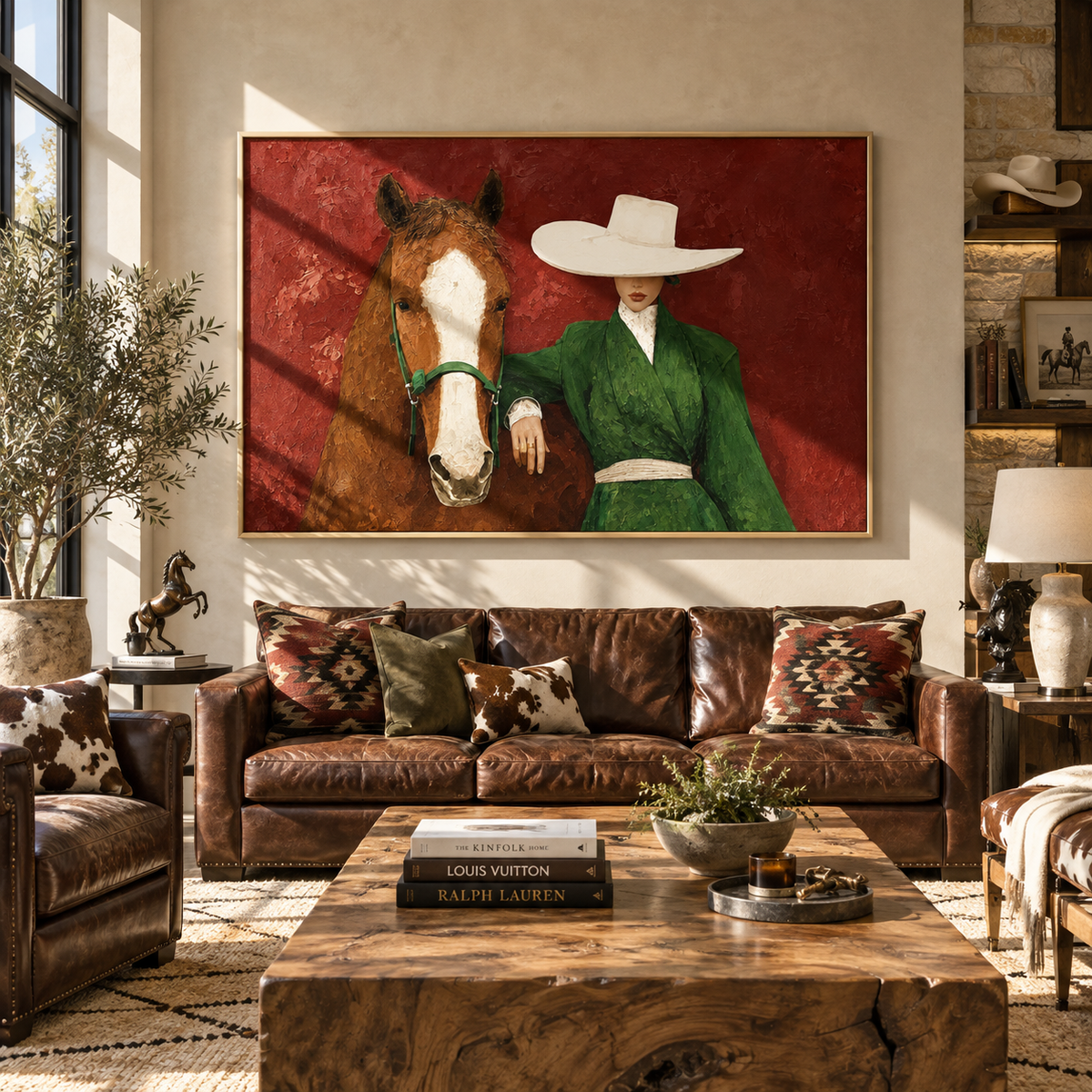 White Brim Beside Chestnut - cowgirl and horse painting shown in modern room setting 2