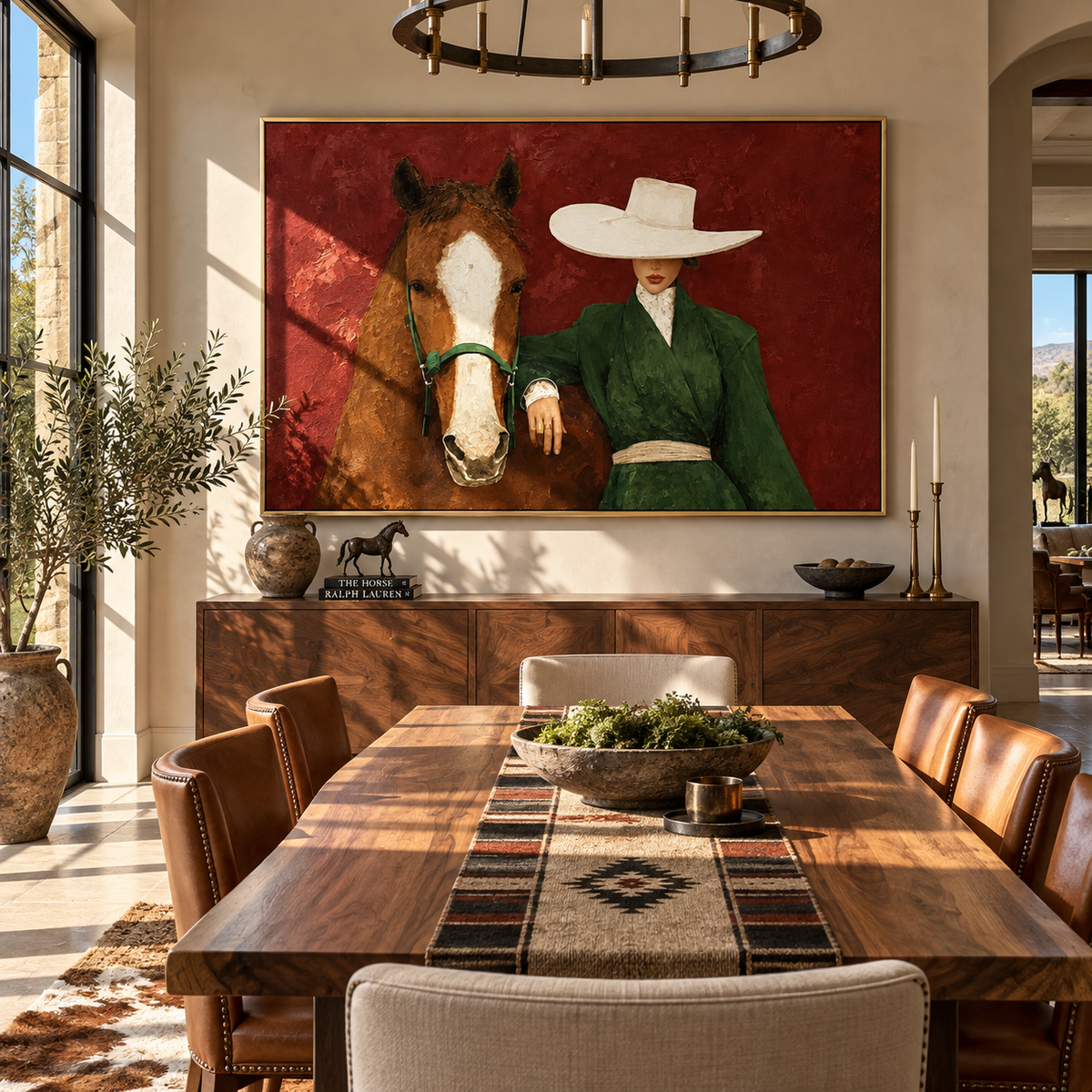 White Brim Beside Chestnut - cowgirl and horse painting shown in modern room setting 4
