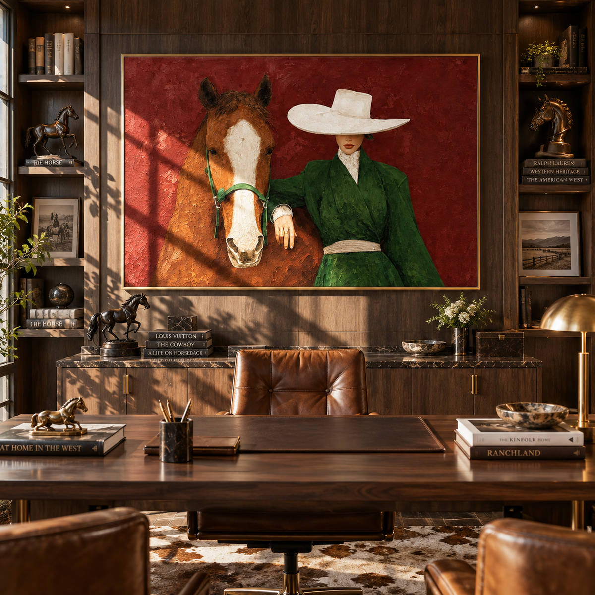 White Brim Beside Chestnut - cowgirl and horse painting shown in modern room setting 5