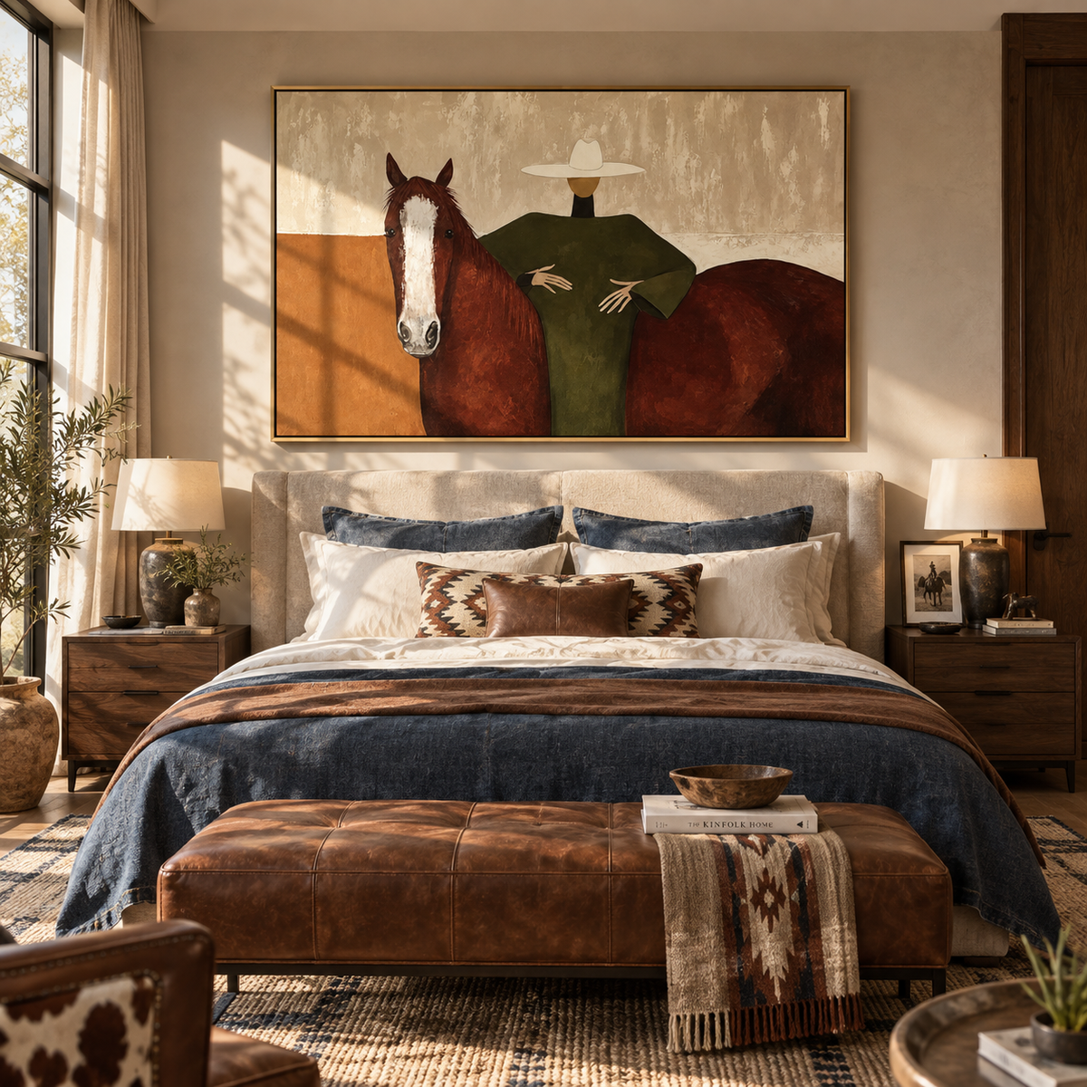 Still Rider in Sage - cowgirl on horse painting displayed in a styled interior