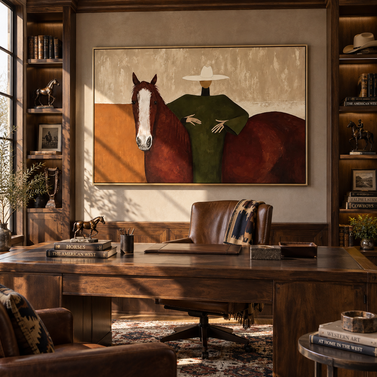 Still Rider in Sage - cowgirl on horse painting shown in modern room setting 3