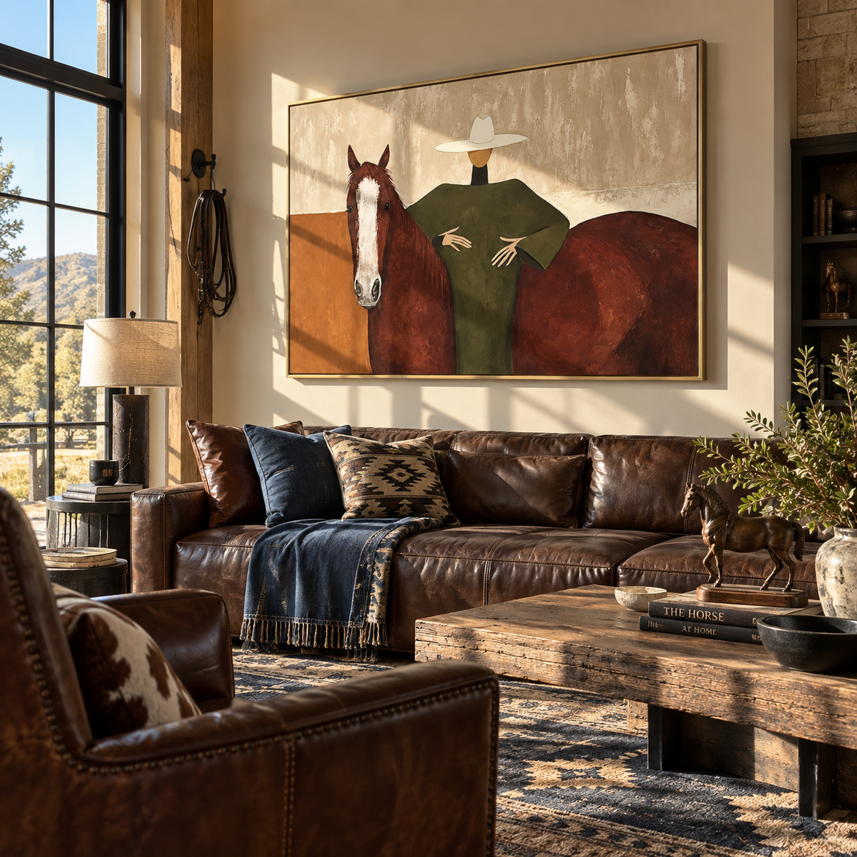 Still Rider in Sage - cowgirl on horse painting shown in modern room setting 4